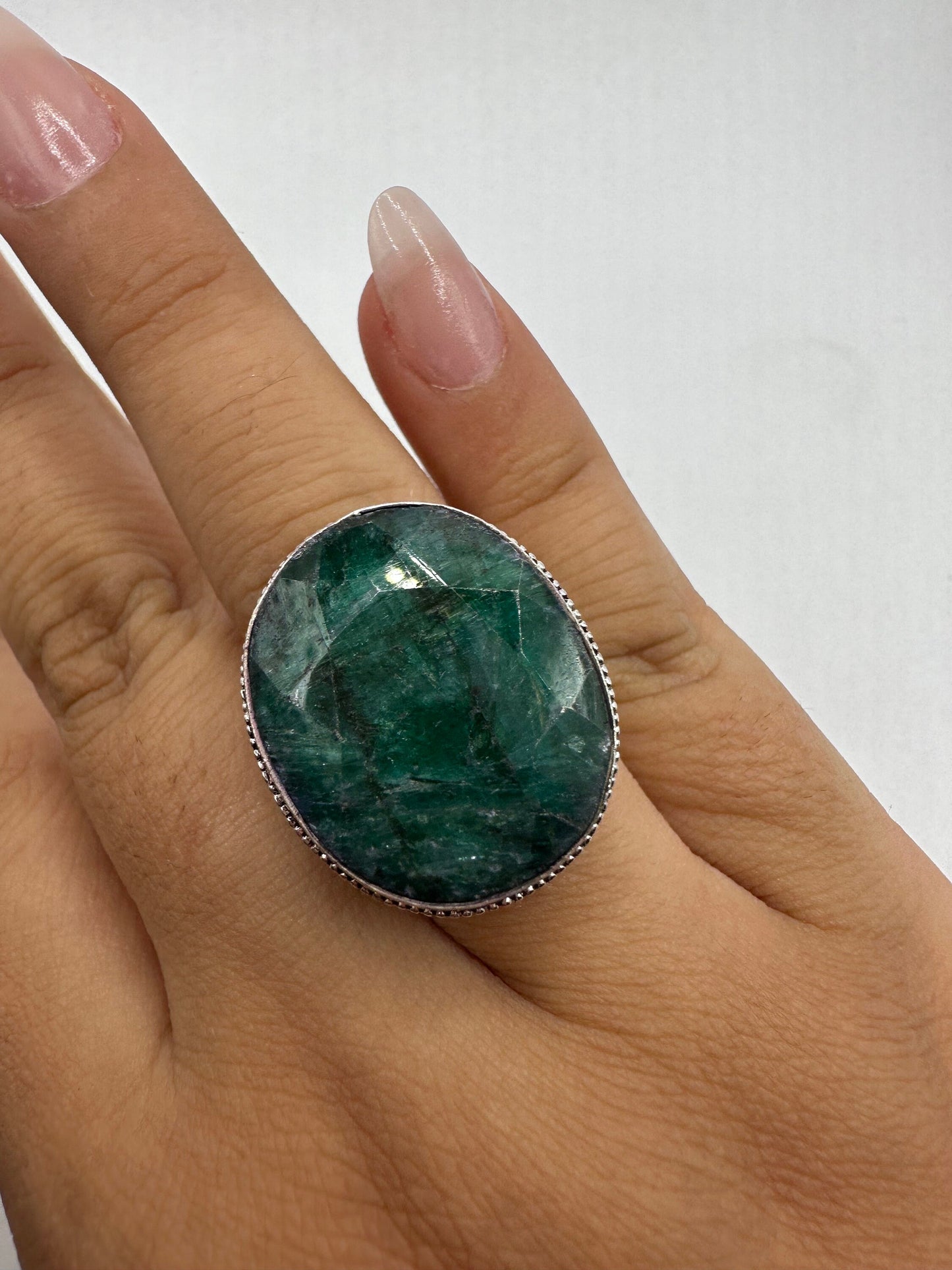 Vintage Green Raw Emerald White Bronze Statement Ring