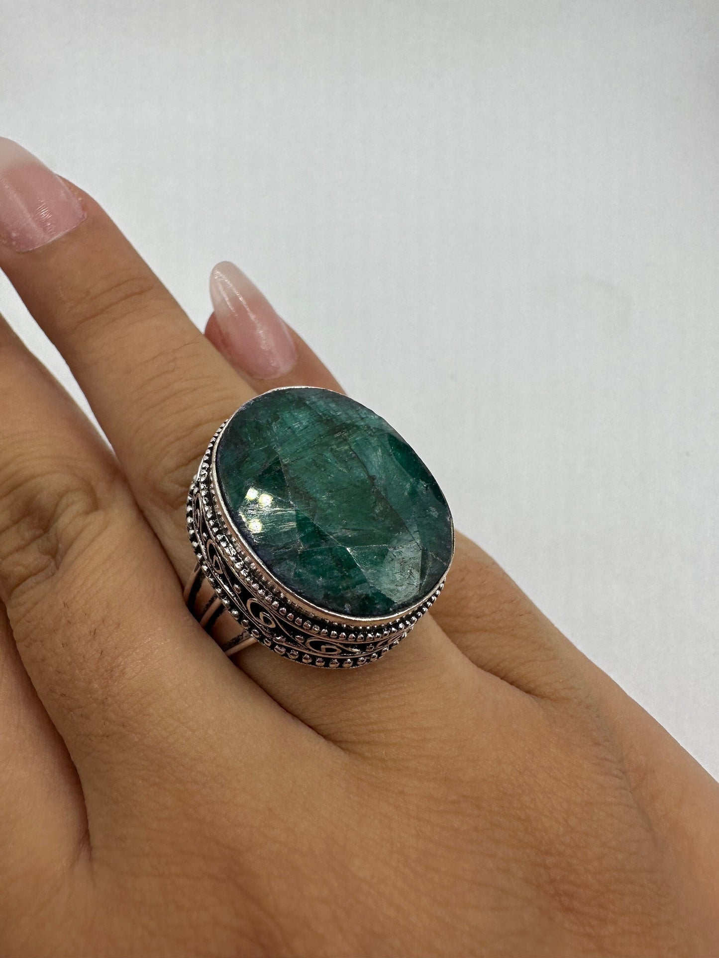 Vintage Green Raw Emerald White Bronze Statement Ring