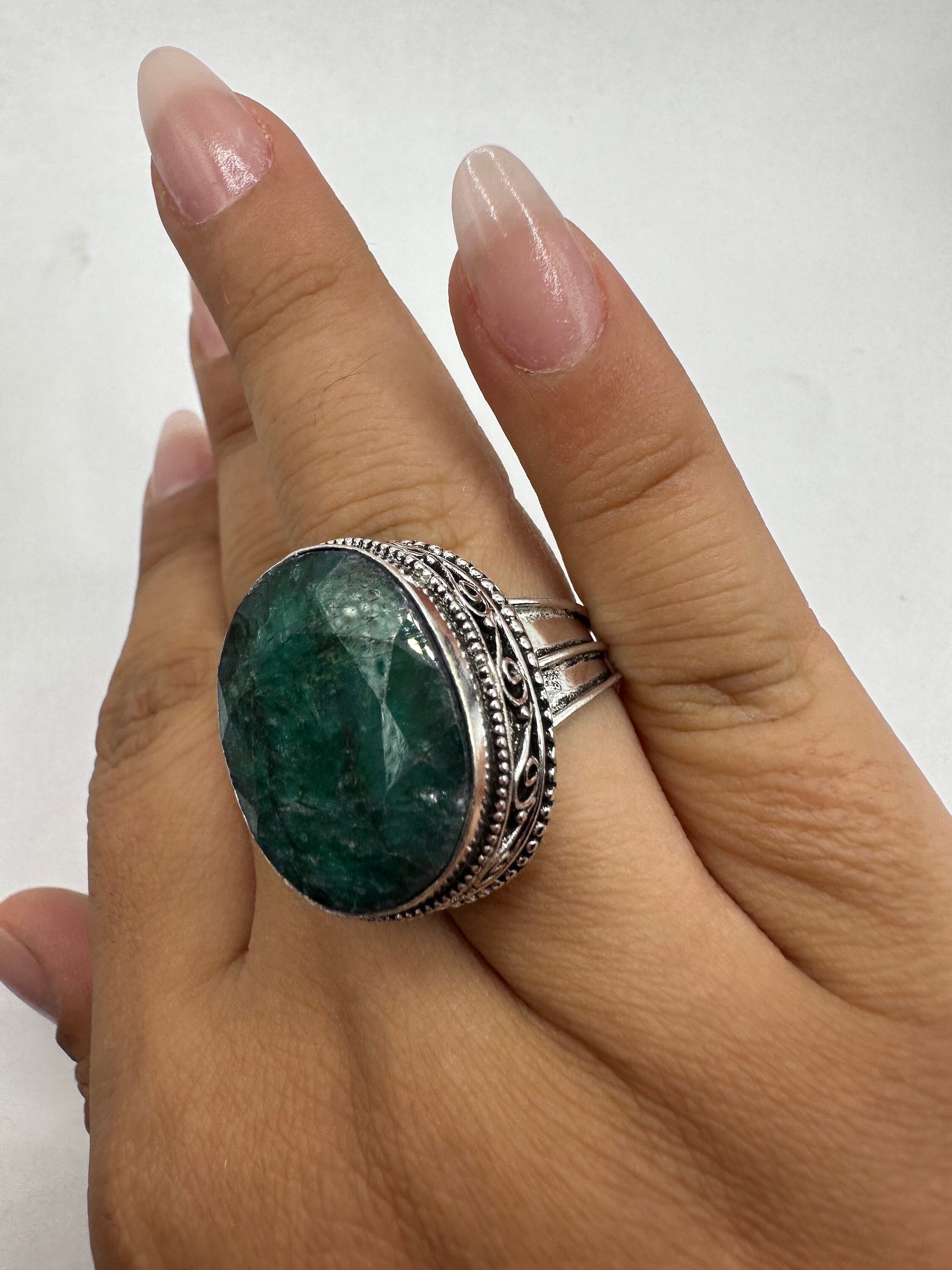 Vintage Green Raw Emerald White Bronze Statement Ring