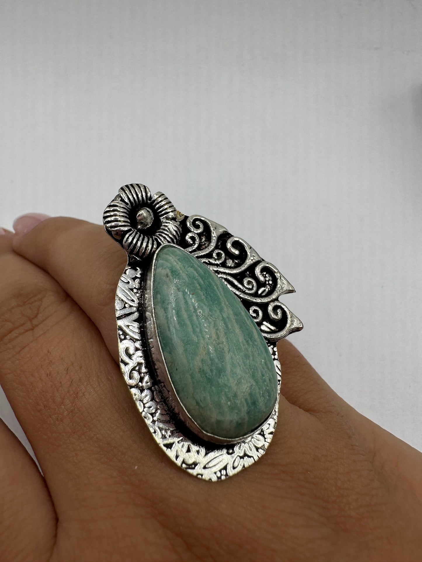 Vintage Green Amazonite Silver Ring Size 8