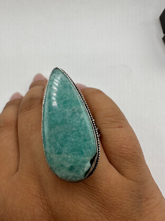 Vintage Green Amazonite Silver Ring Size 9.25