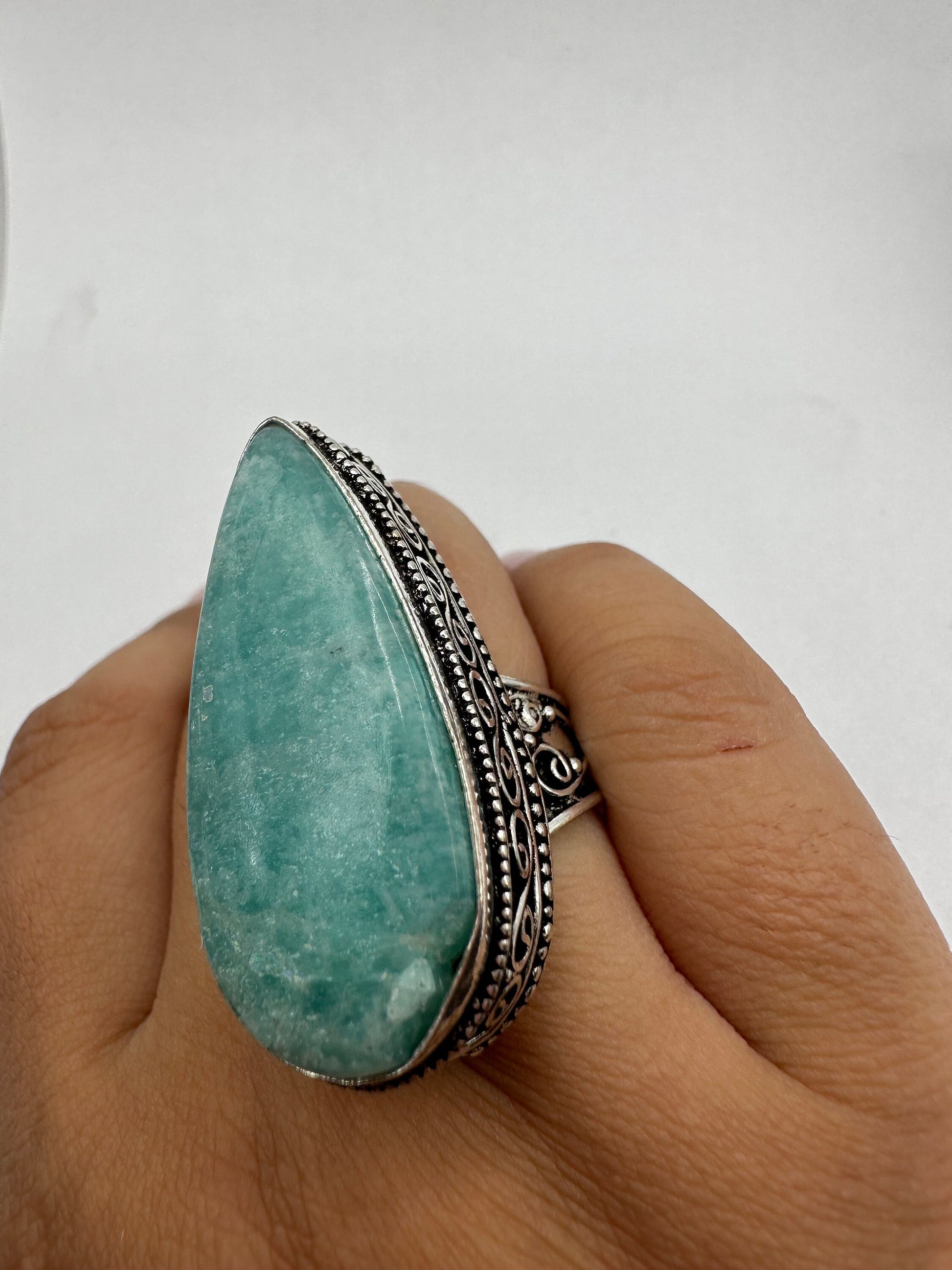 Vintage Green Amazonite Silver Ring Size 9.25