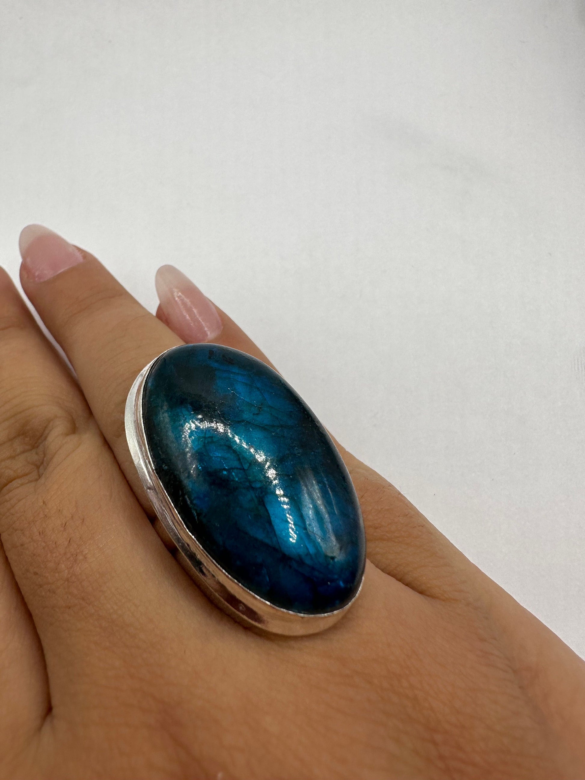 Vintage Large Blue Green Labradorite Stone Silver Ring