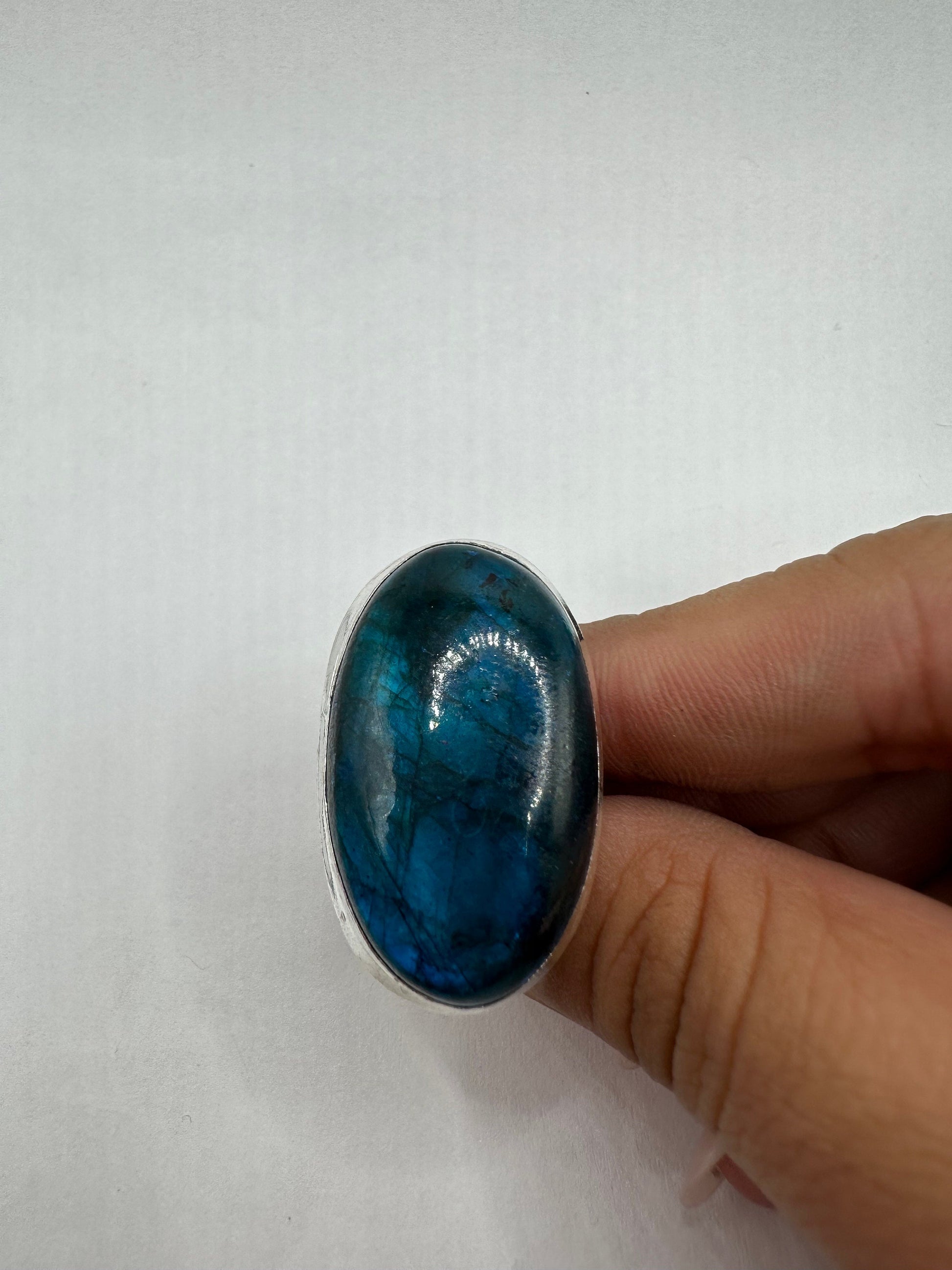 Vintage Large Blue Green Labradorite Stone Silver Ring