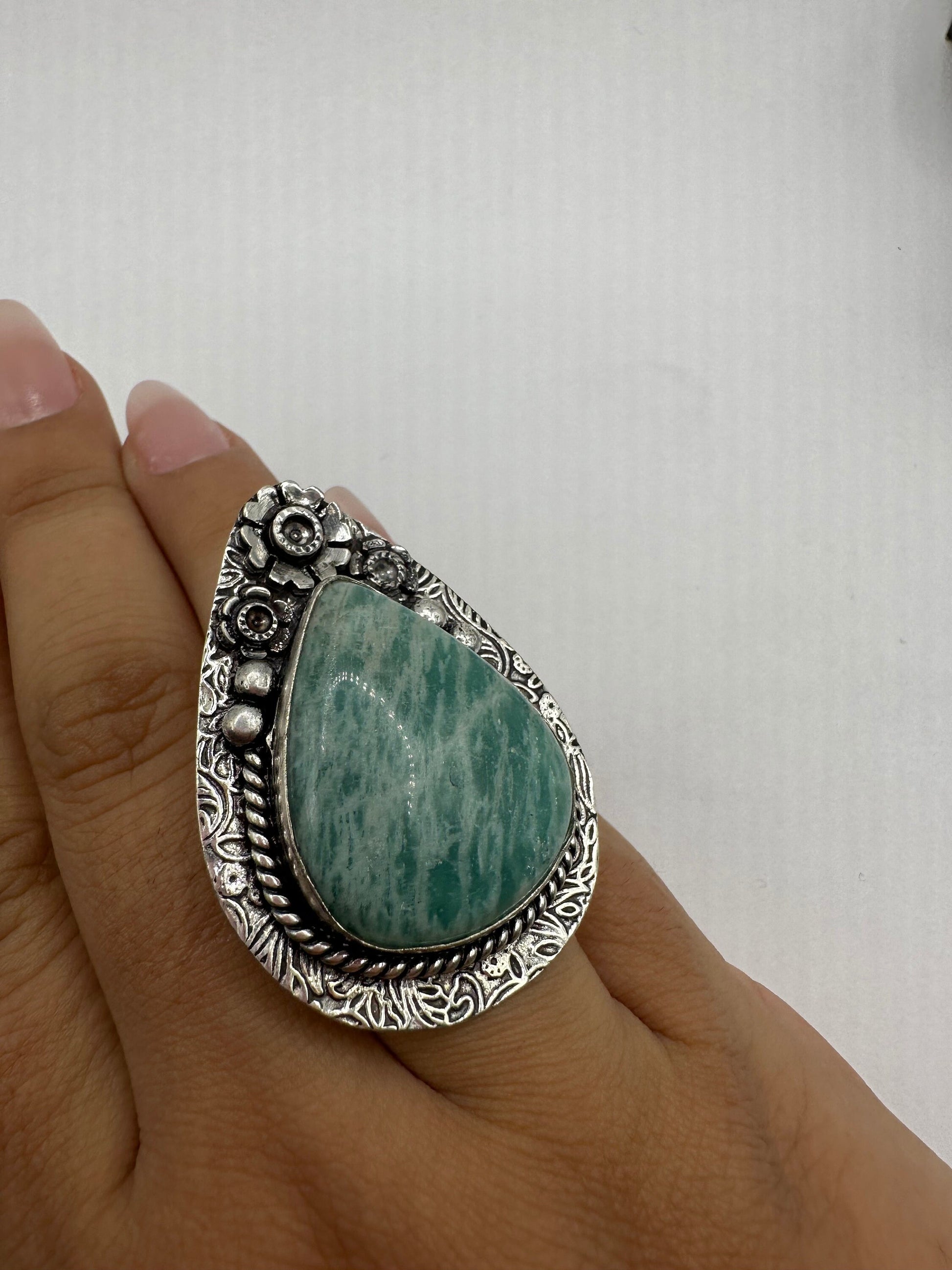 Vintage Green Amazonite Silver Ring Size 5.75