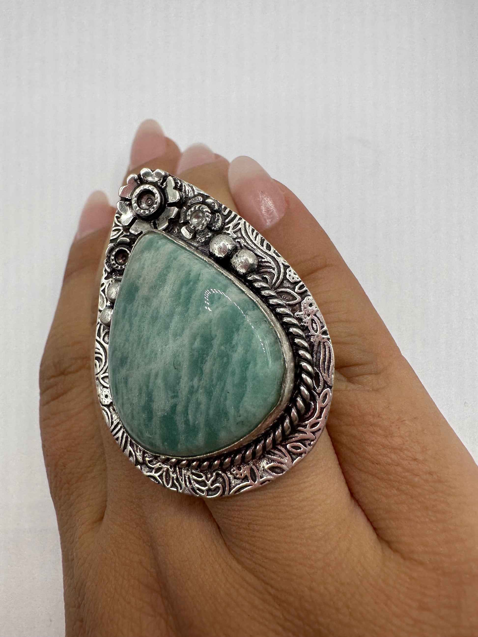 Vintage Green Amazonite Silver Ring Size 5.75