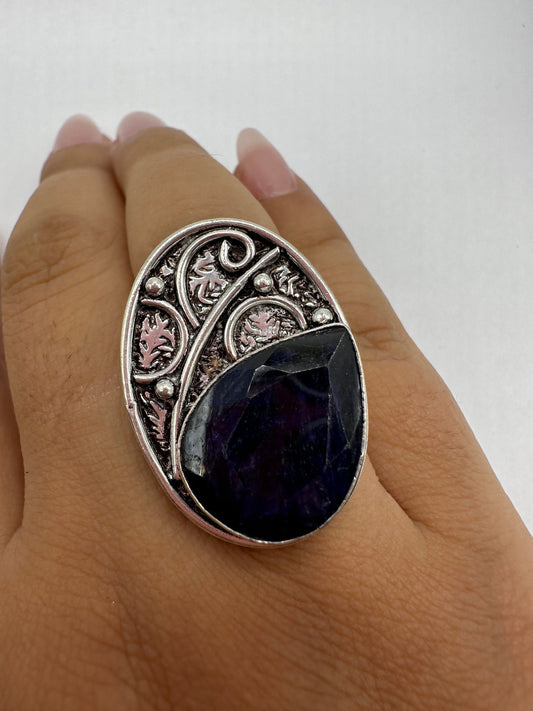 Vintage Raw Blue Sapphire White Bronze Silver Cocktail Ring