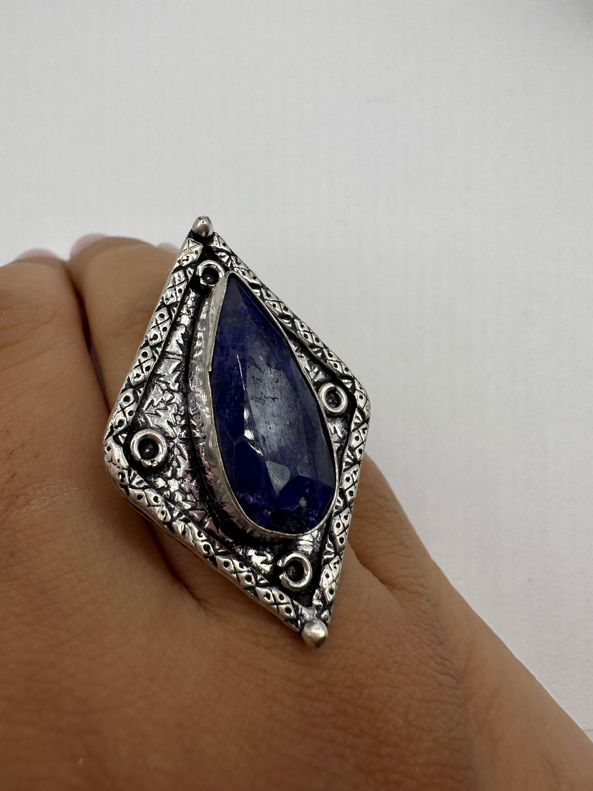 Vintage Raw Blue Sapphire White Bronze Silver Cocktail Ring