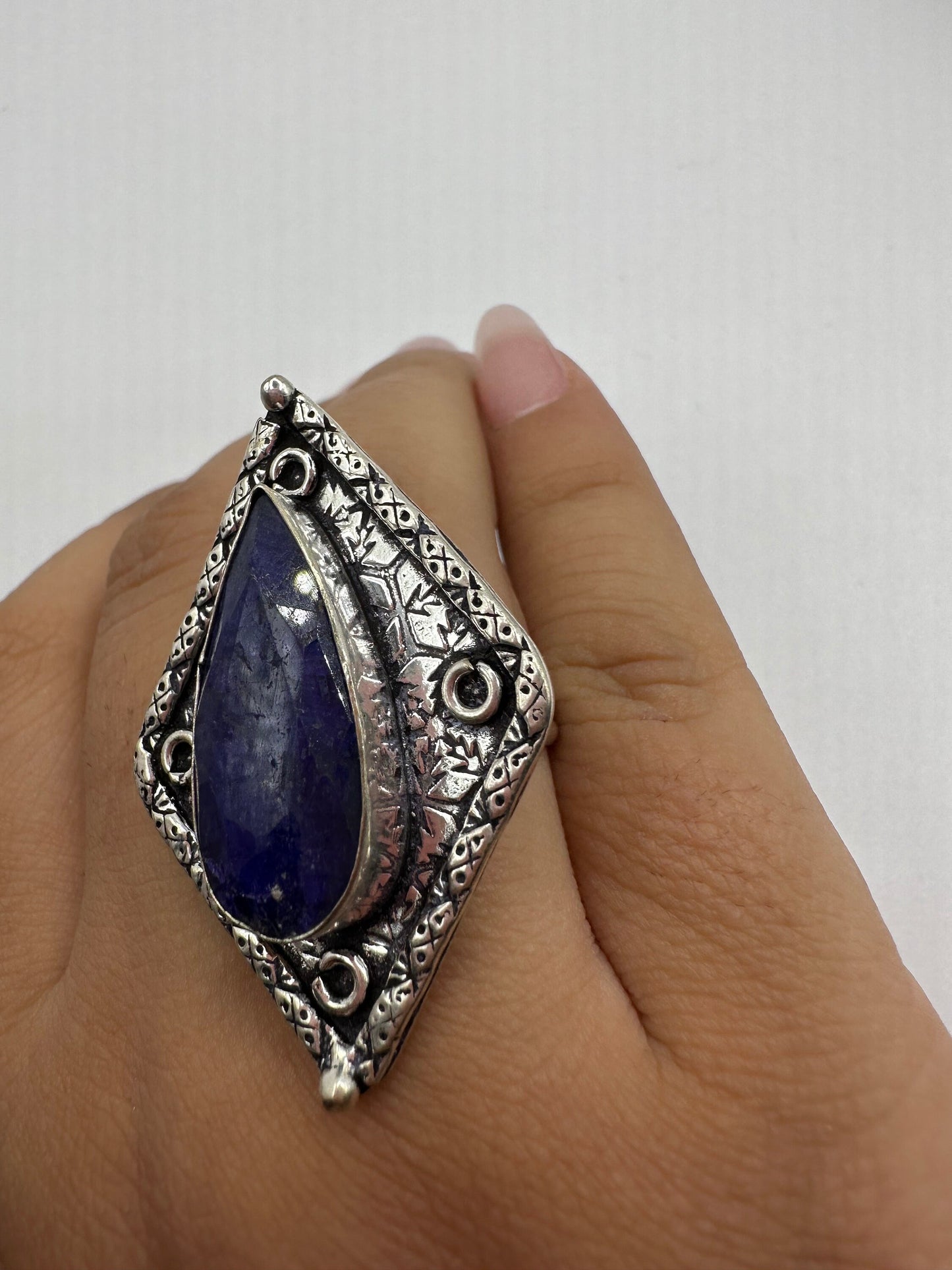 Vintage Raw Blue Sapphire White Bronze Silver Cocktail Ring