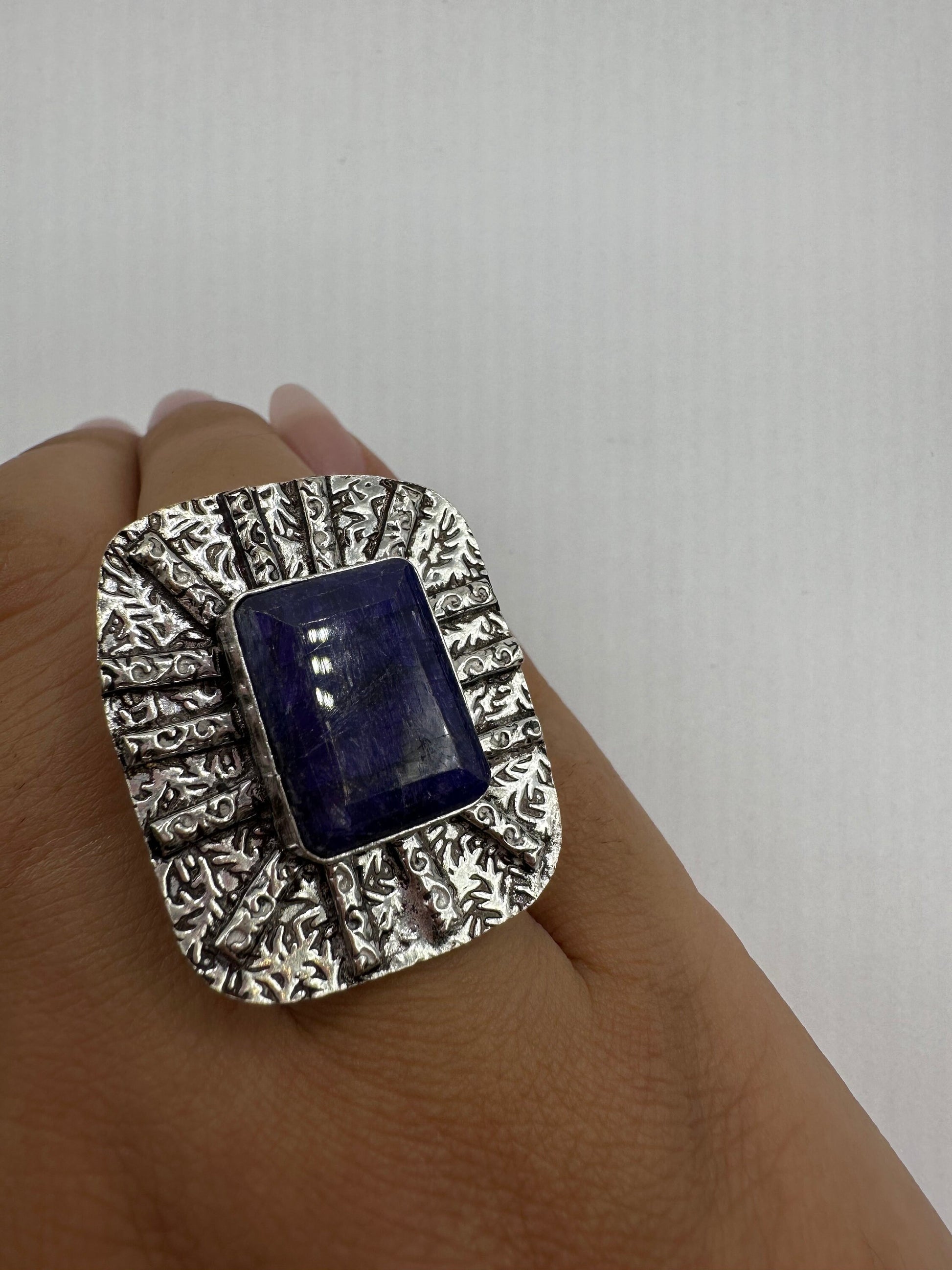 Vintage Raw Blue Sapphire White Bronze Silver Cocktail Ring