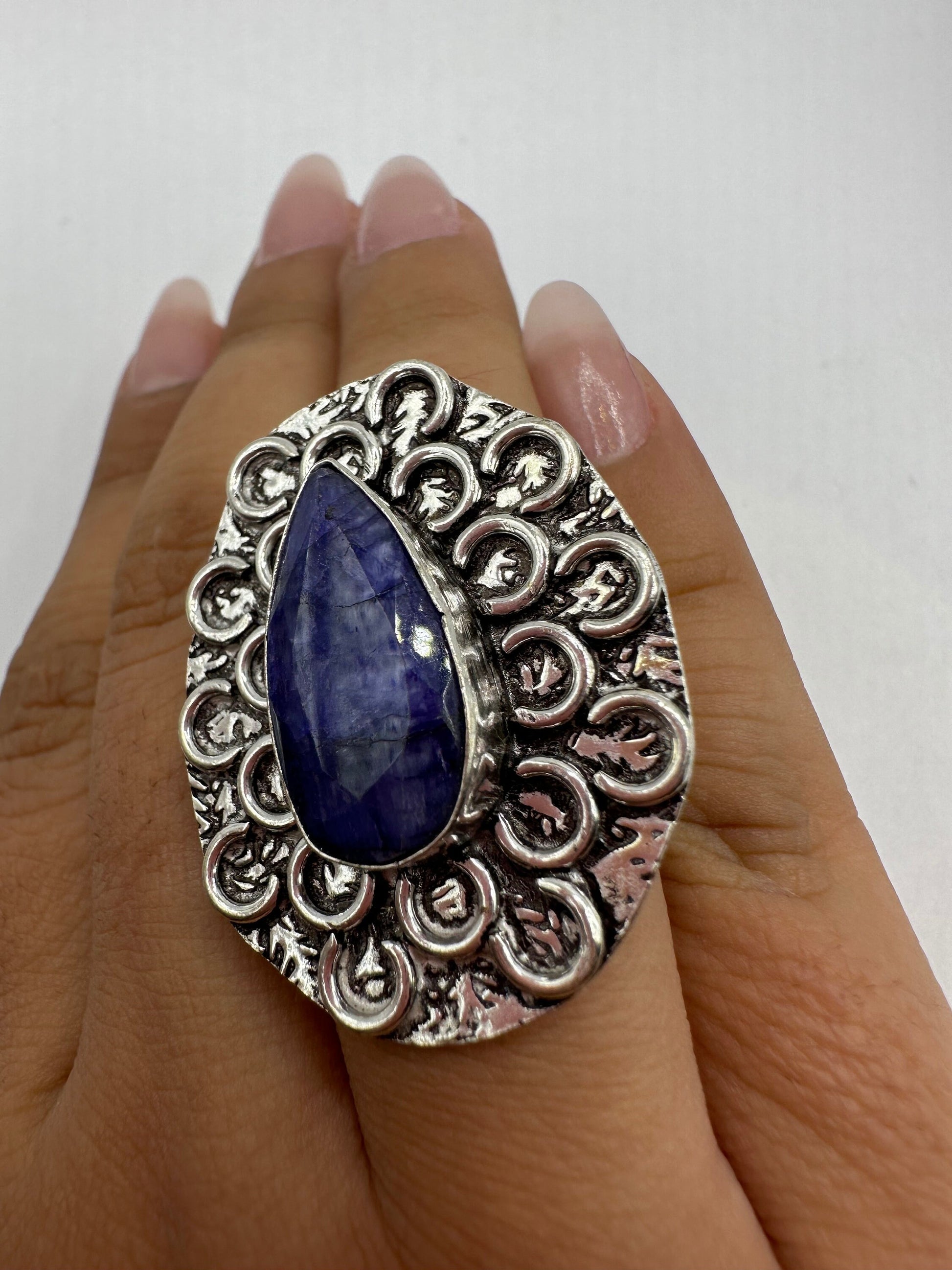 Vintage Raw Blue Sapphire White Bronze Silver Cocktail Ring