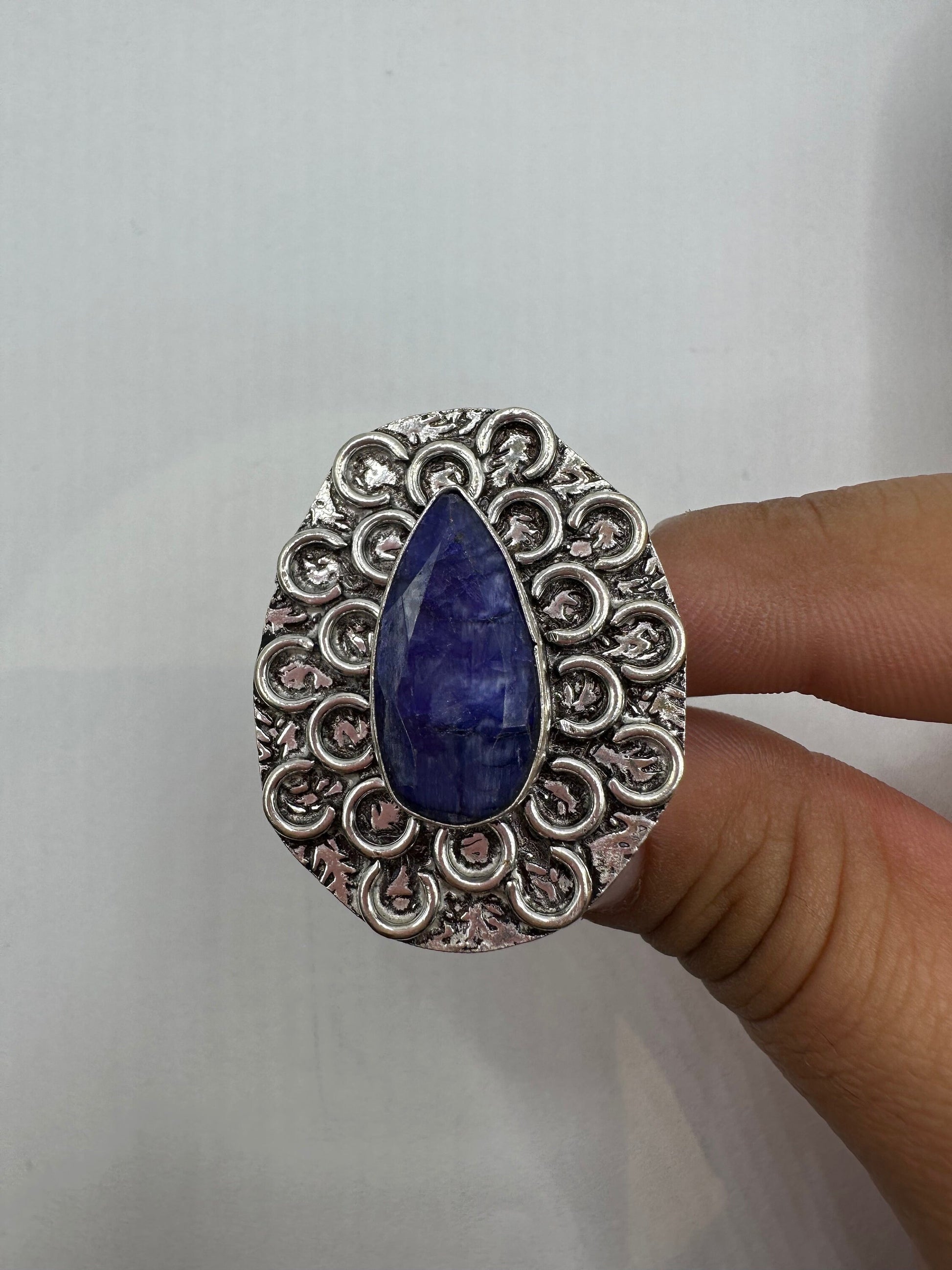 Vintage Raw Blue Sapphire White Bronze Silver Cocktail Ring