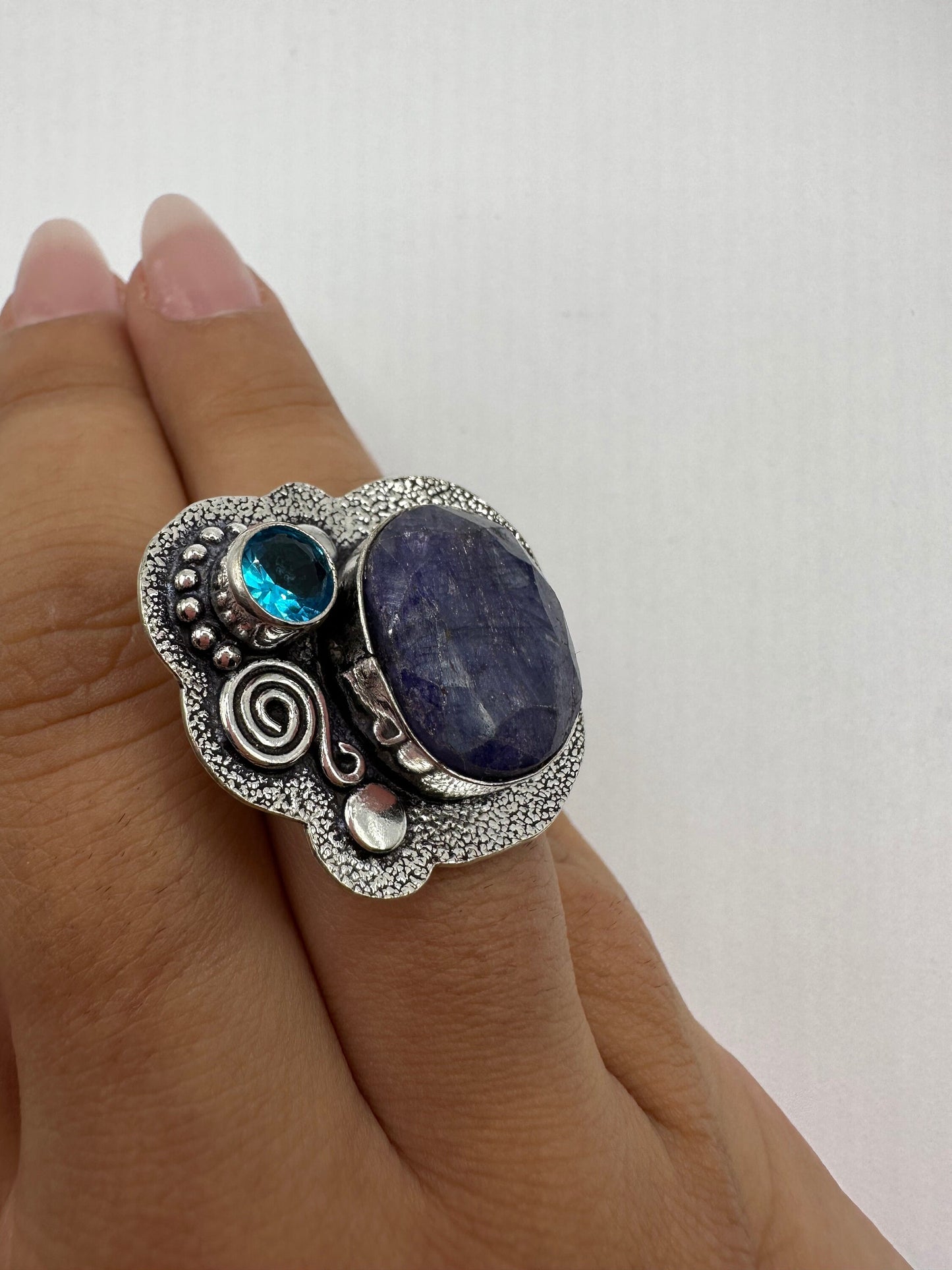 Vintage Raw Blue Sapphire White Bronze Silver Cocktail Ring