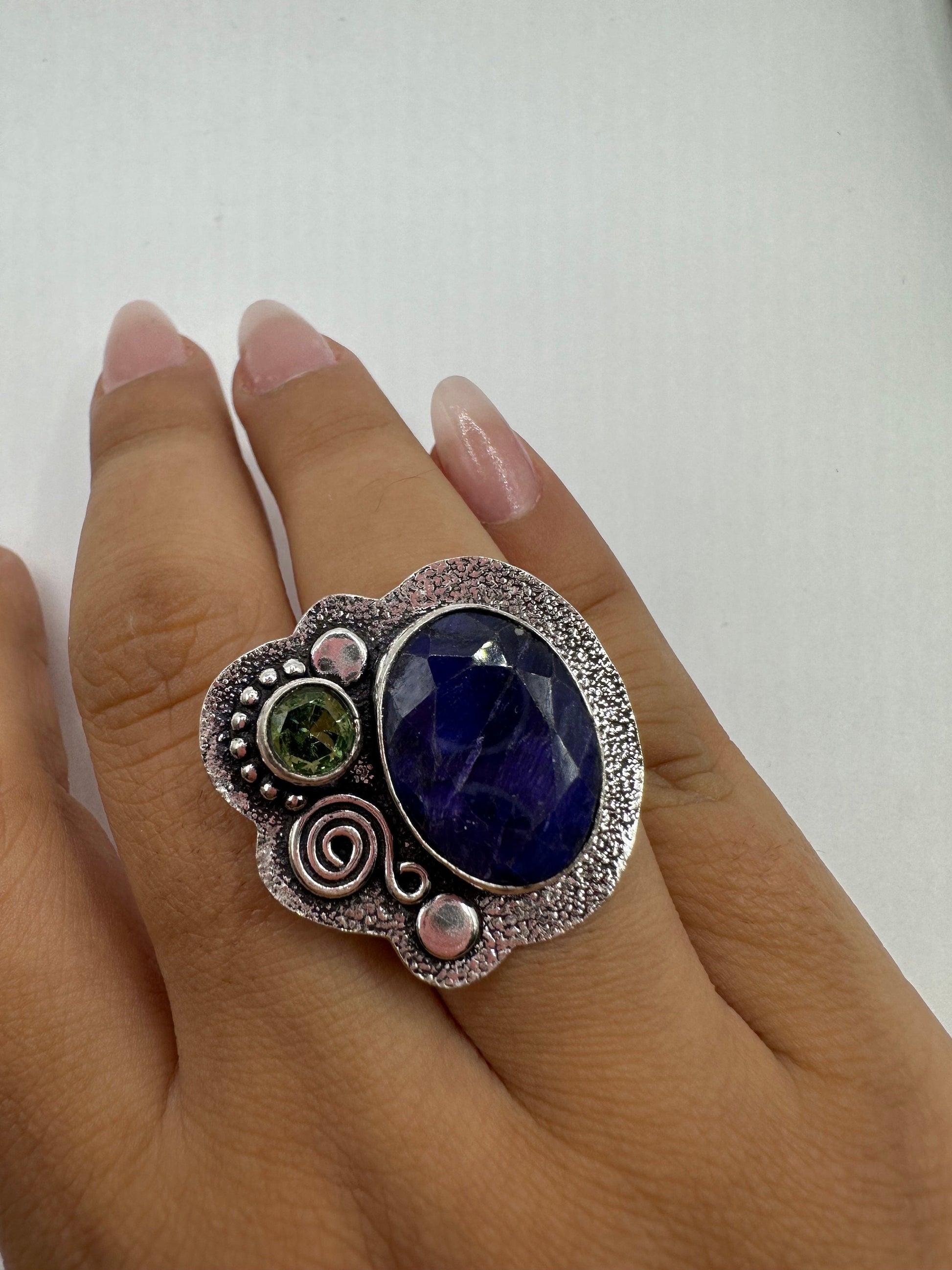 Vintage Raw Blue Sapphire White Bronze Silver Cocktail Ring