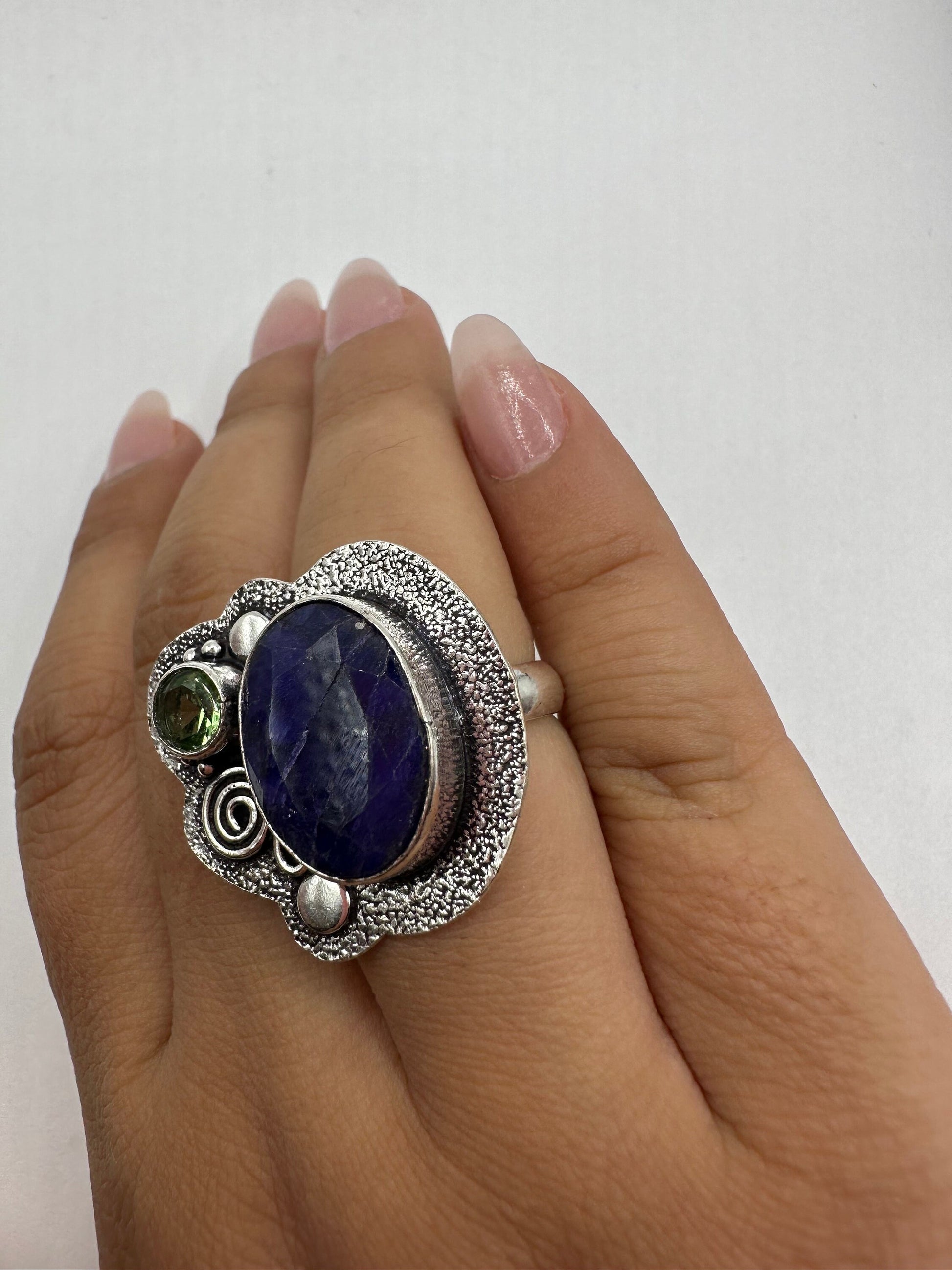 Vintage Raw Blue Sapphire White Bronze Silver Cocktail Ring