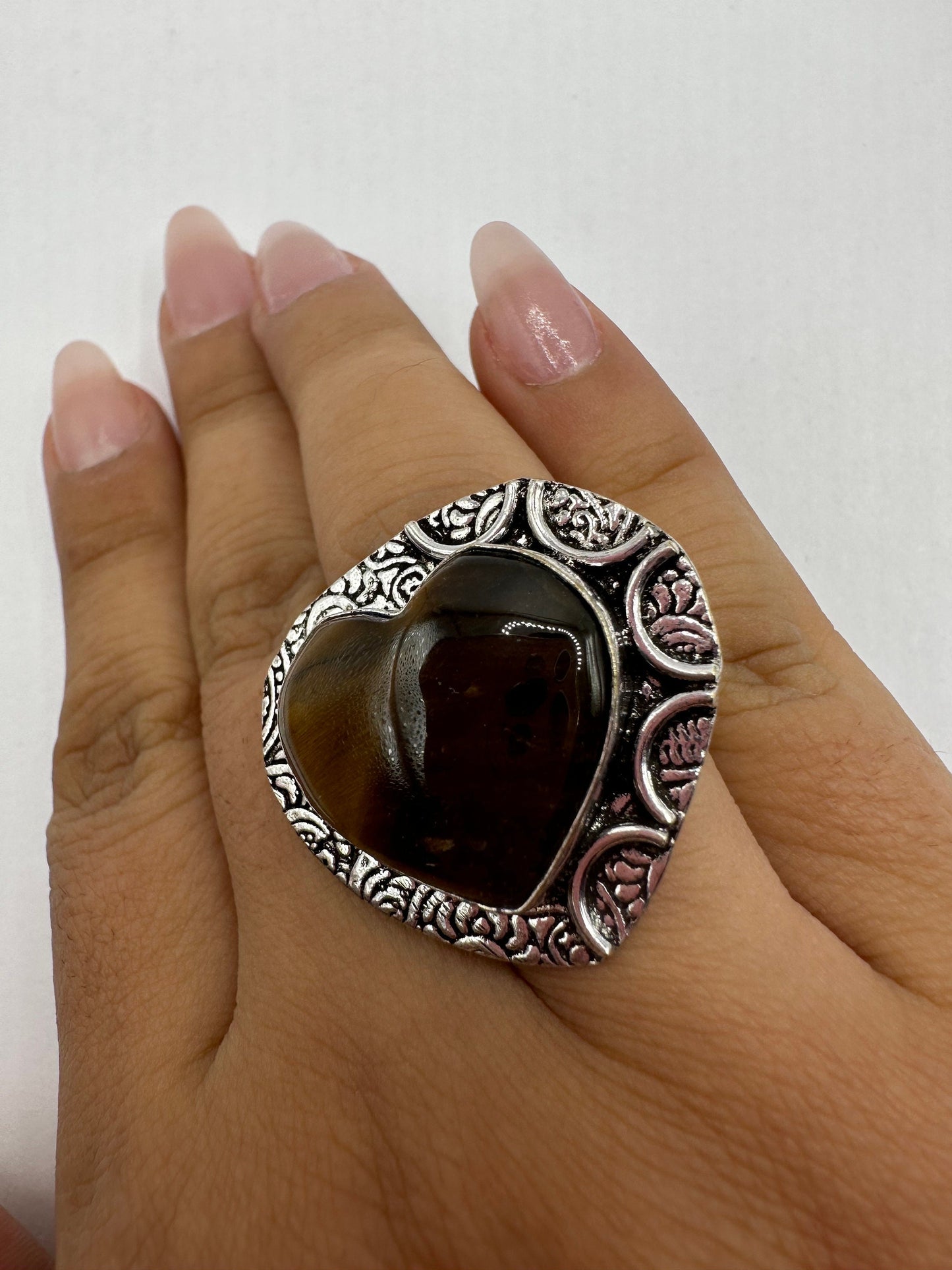 Vintage Heart Tigers Eye Stone Silver Ring