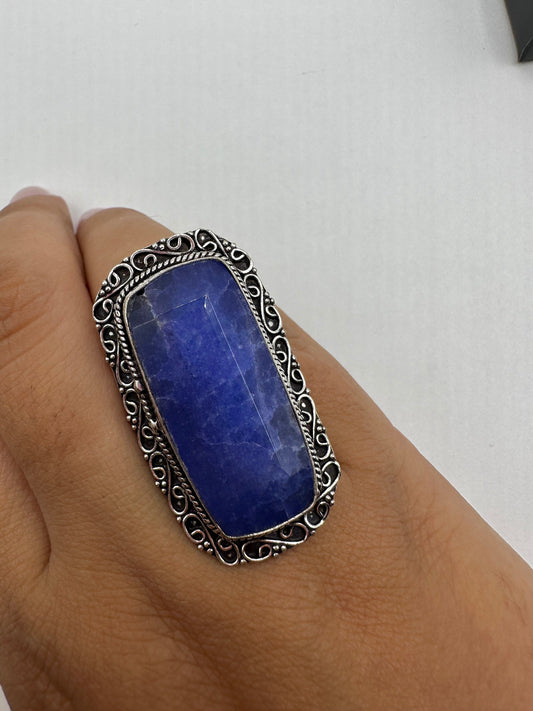 Vintage Raw Blue Sapphire White Bronze Silver Cocktail Ring
