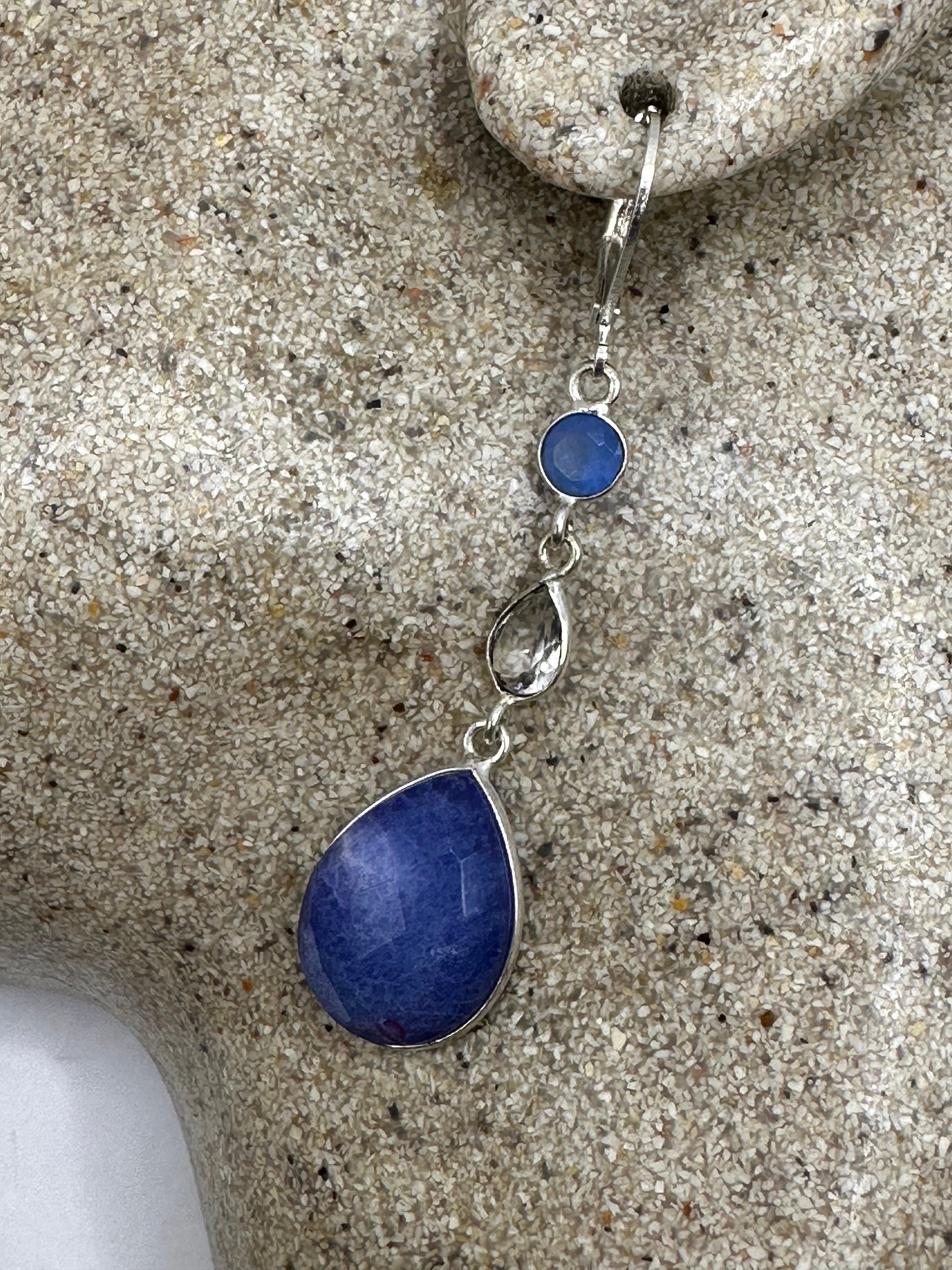 Vintage Blue Raw Sapphire Sterling Silver Lever Back Chandelier Earrings