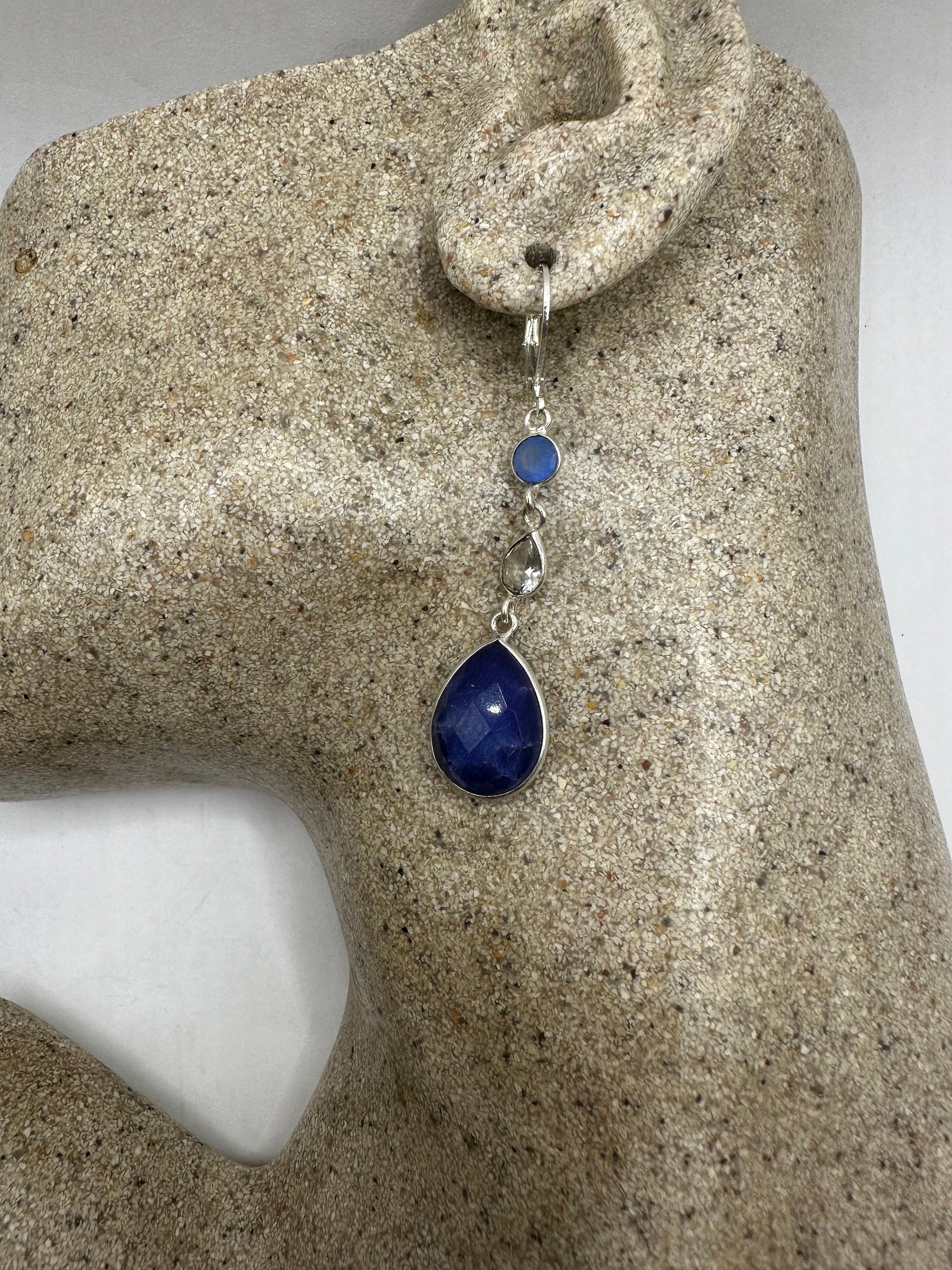 Vintage Blue Raw Sapphire Sterling Silver Lever Back Chandelier Earrings