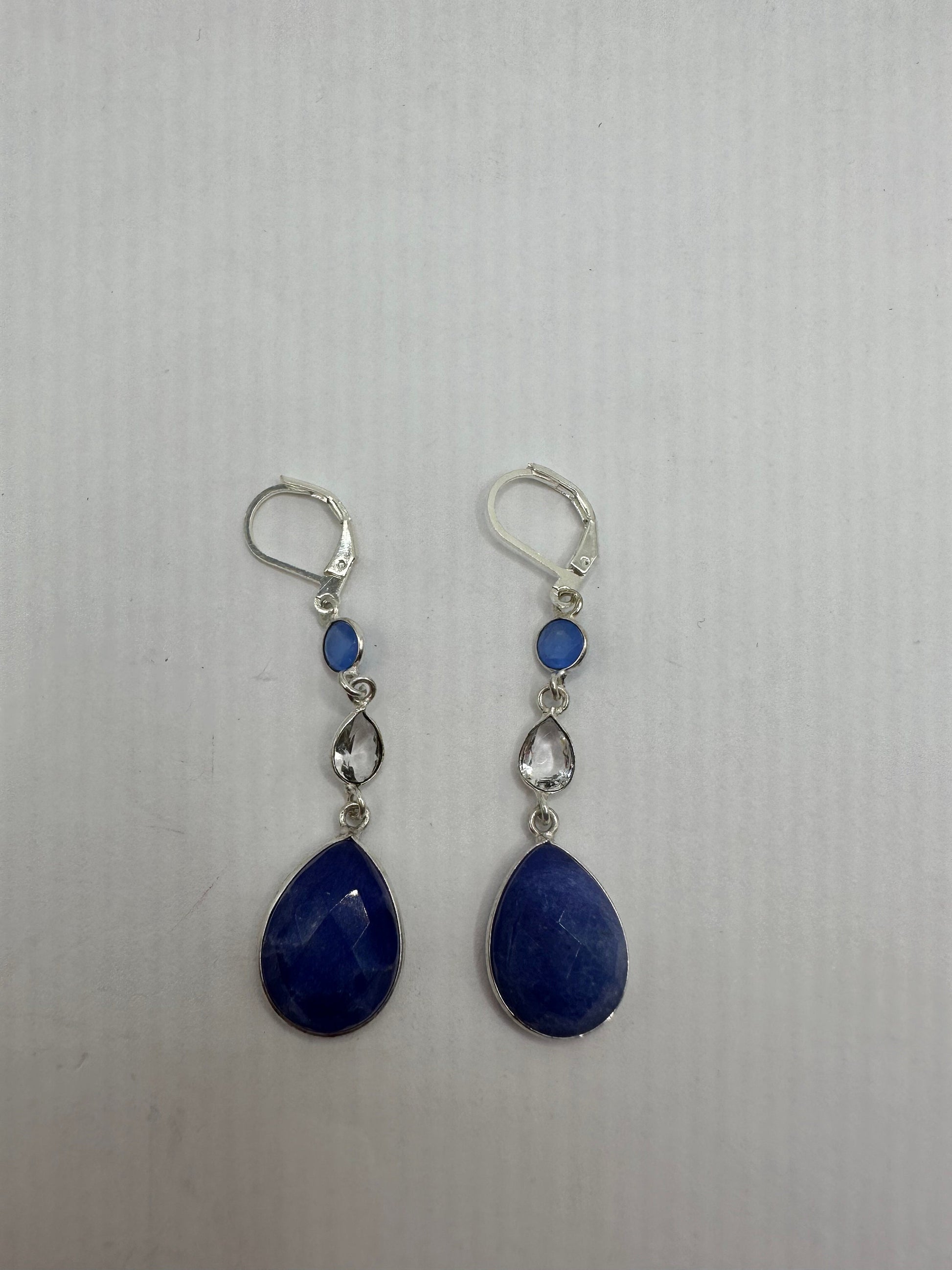 Vintage Blue Raw Sapphire Sterling Silver Lever Back Chandelier Earrings