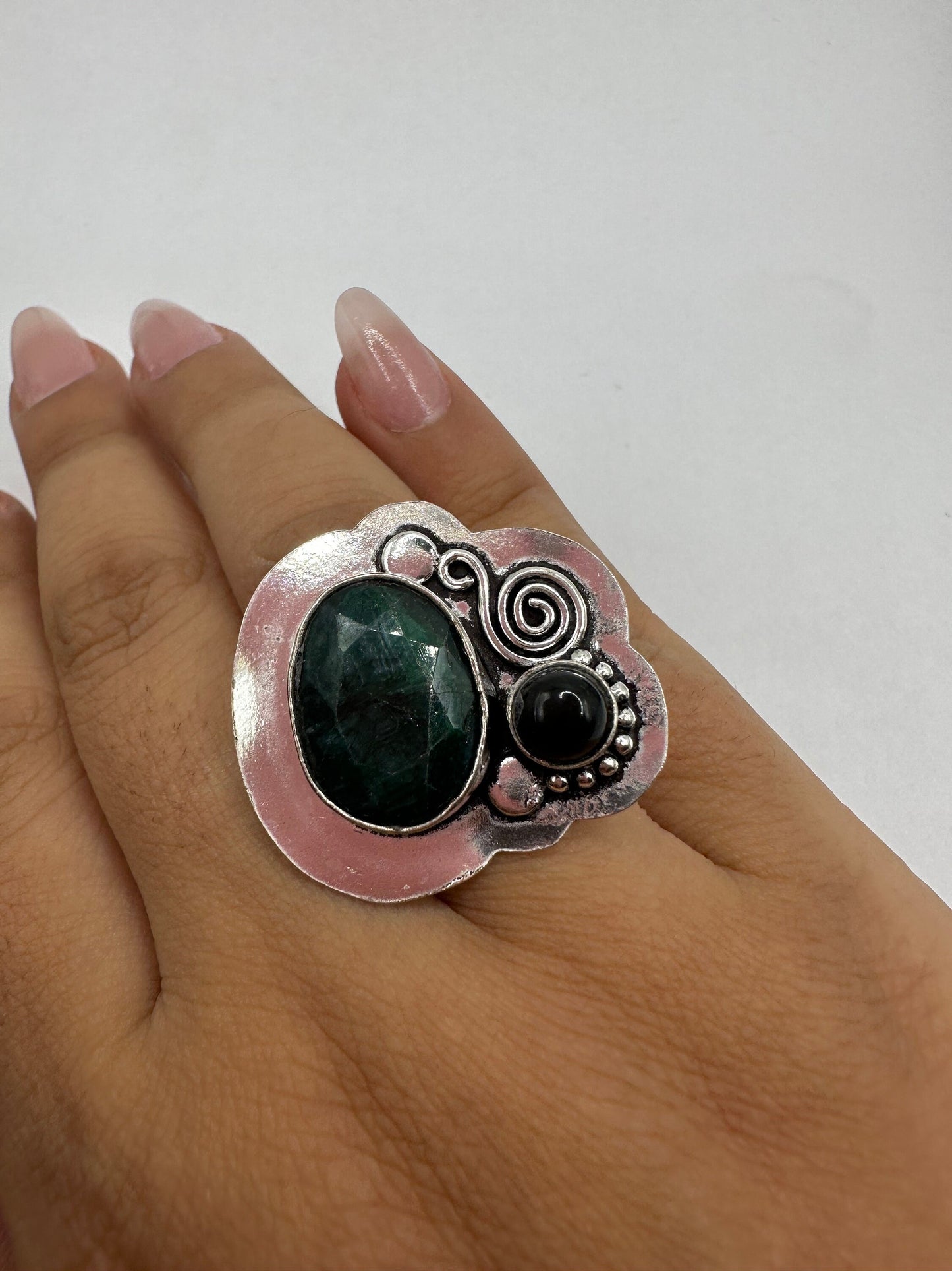 Vintage Green Raw Emerald White Bronze Statement Ring