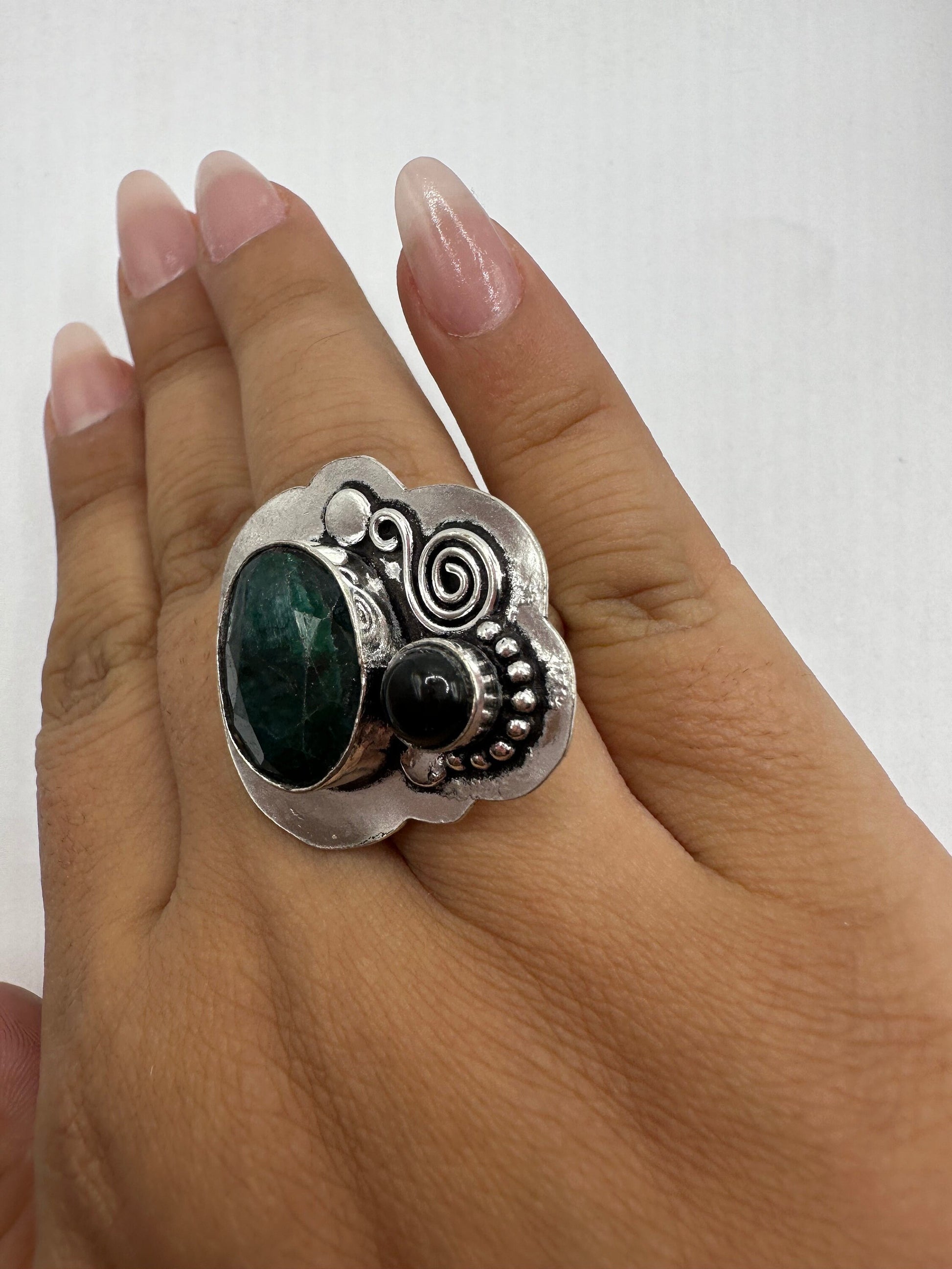 Vintage Green Raw Emerald White Bronze Statement Ring