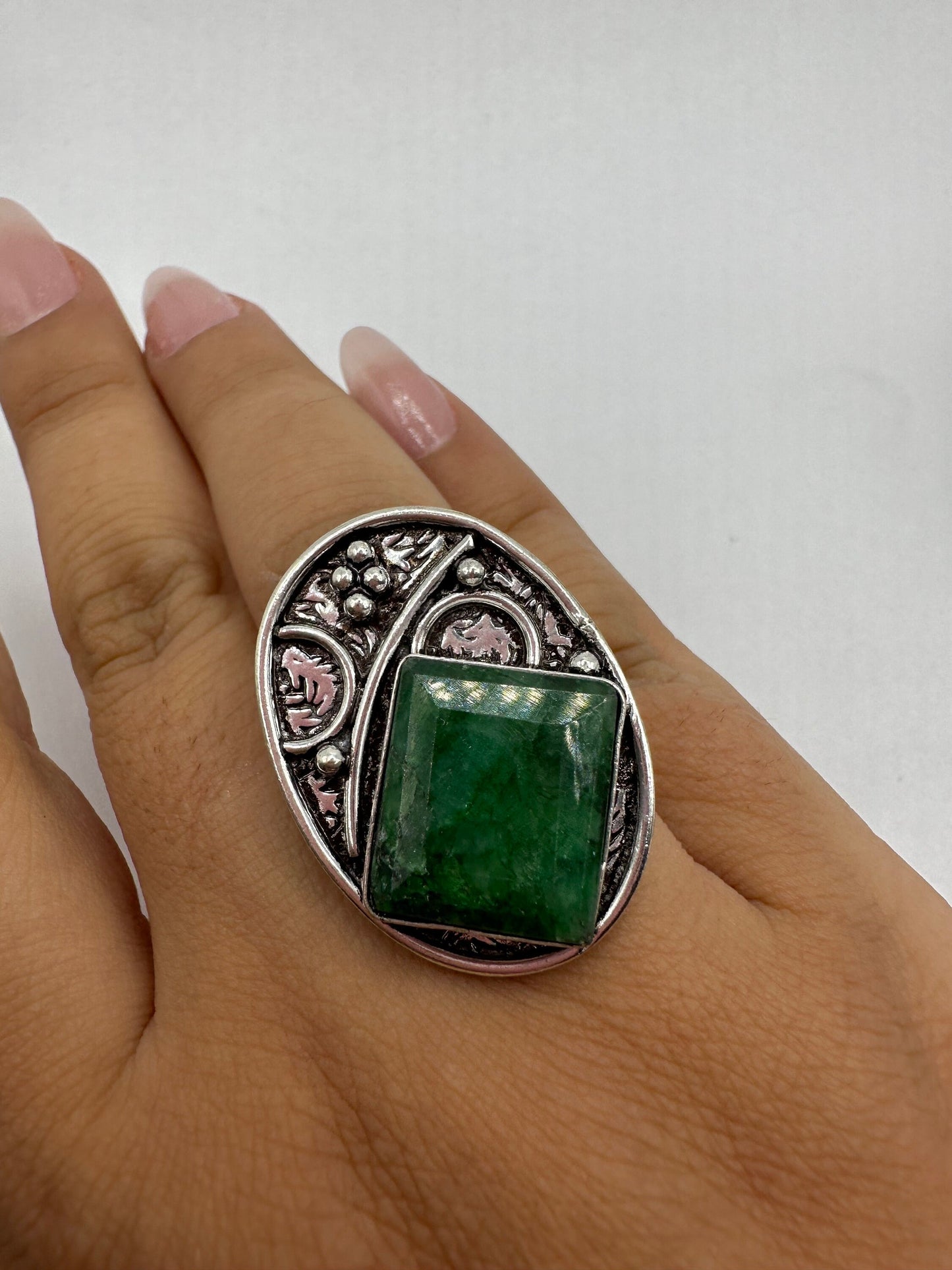 Vintage Green Raw Emerald White Bronze Statement Ring