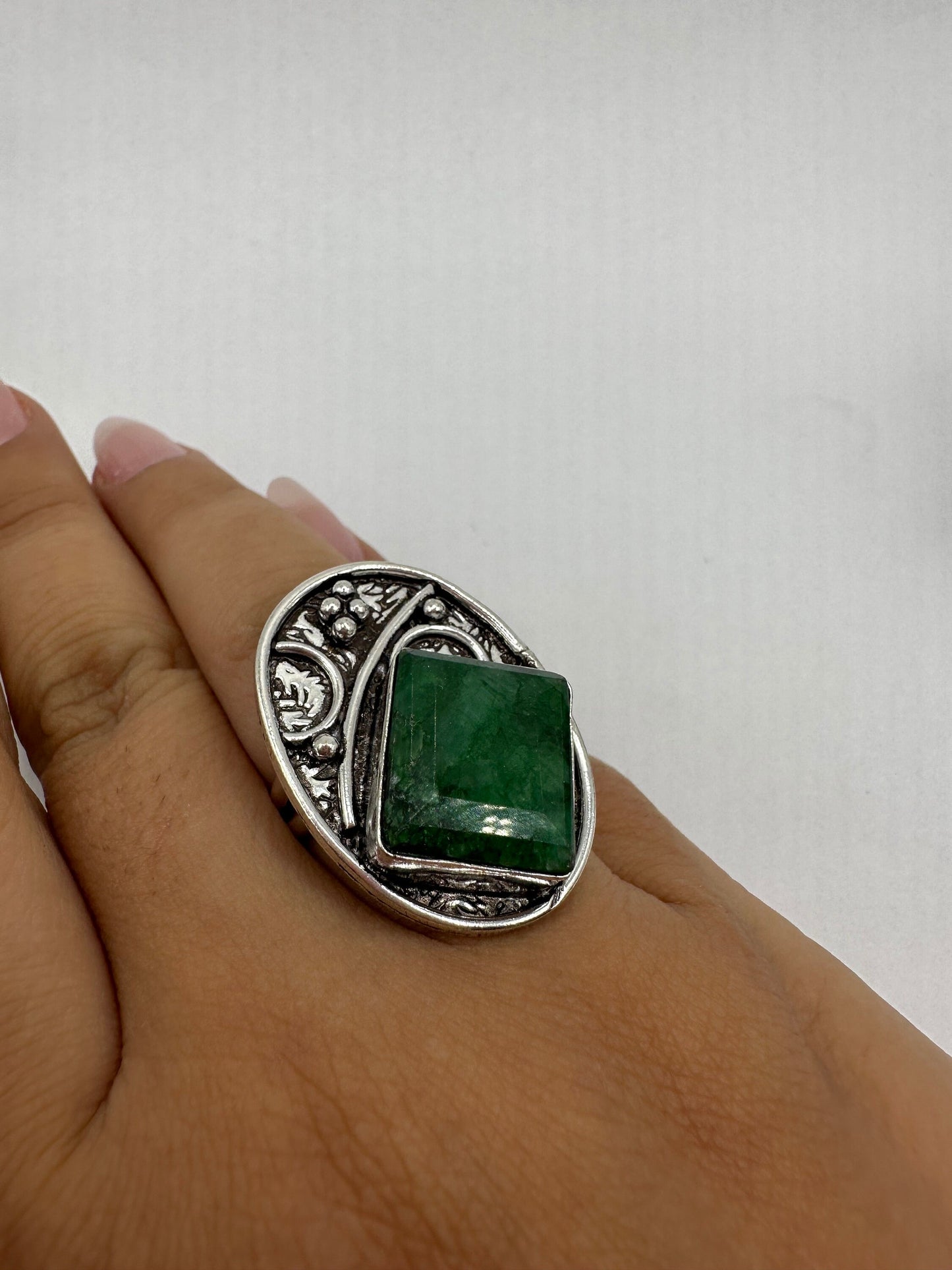 Vintage Green Raw Emerald White Bronze Statement Ring