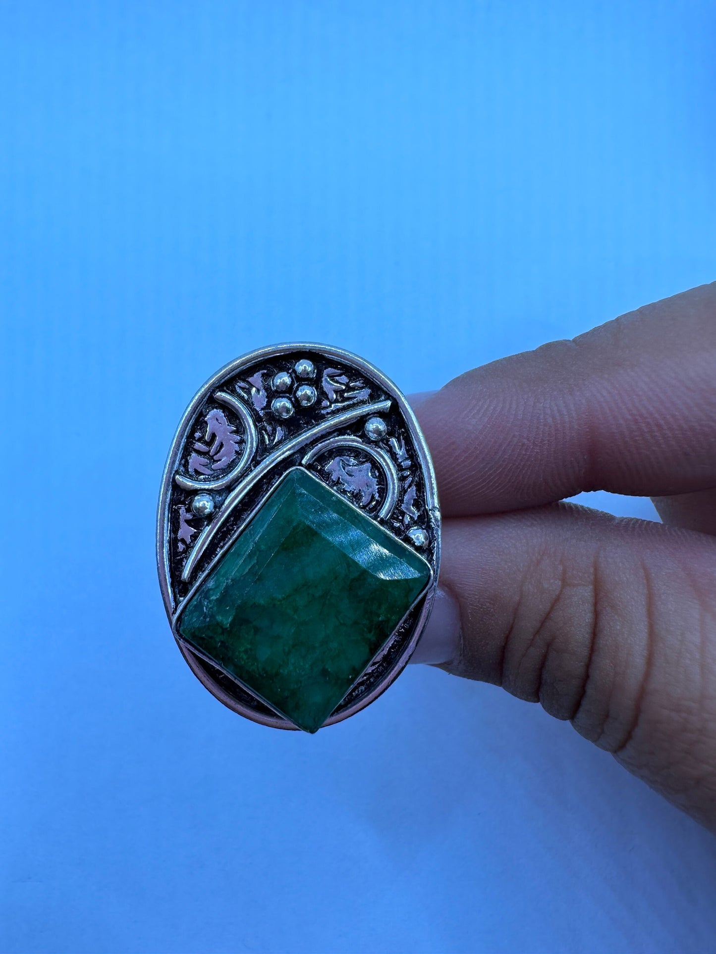 Vintage Green Raw Emerald White Bronze Statement Ring