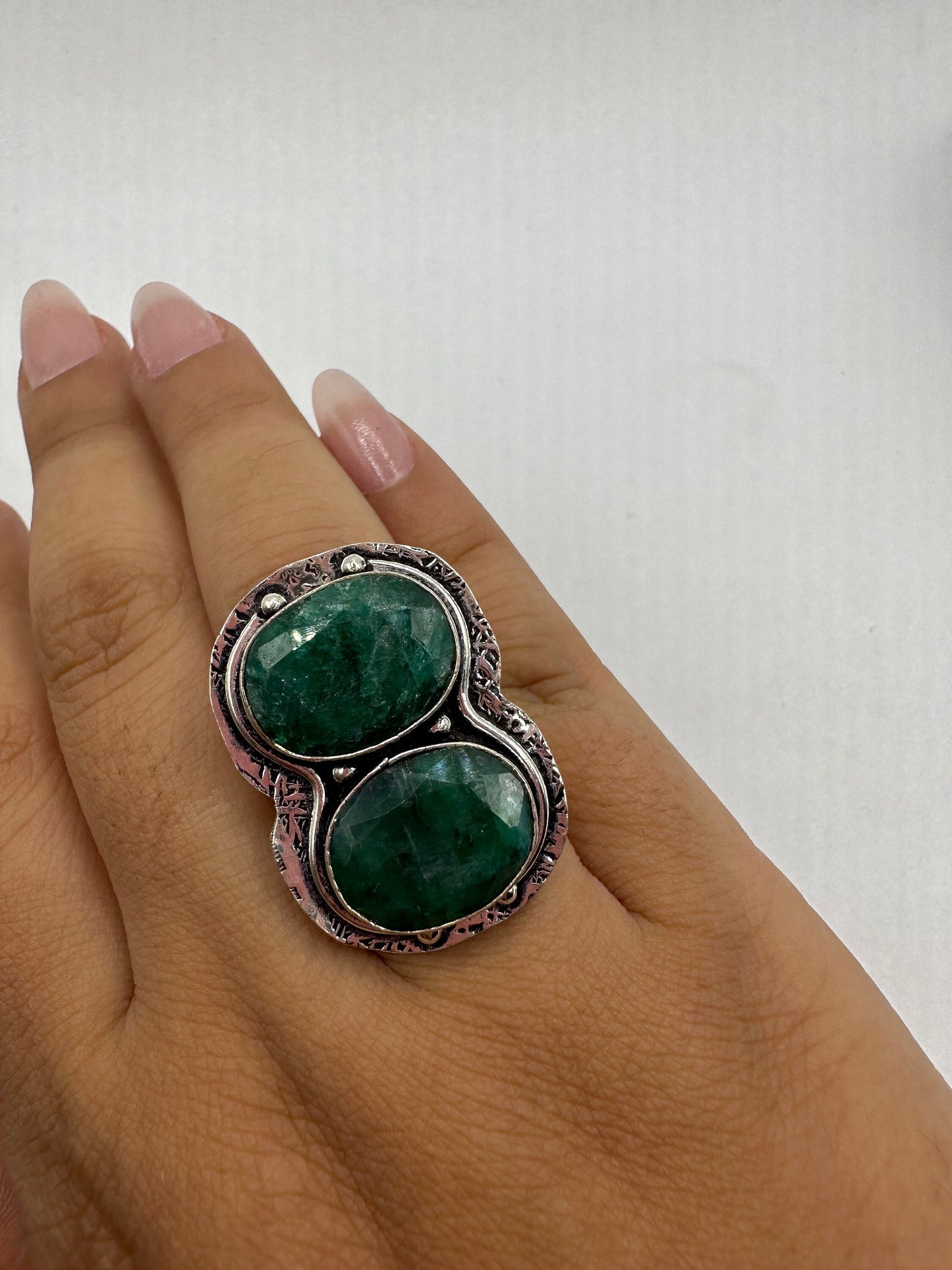 Vintage Green Raw Emerald White Bronze Statement Ring