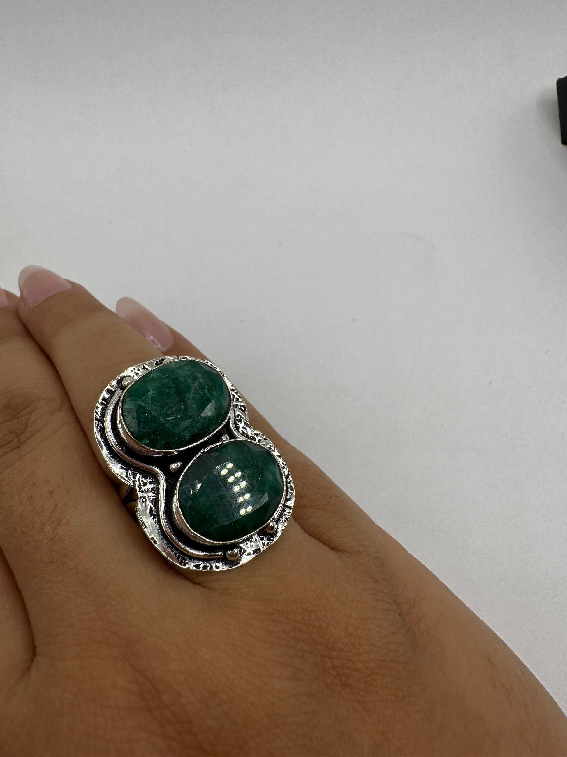 Vintage Green Raw Emerald White Bronze Statement Ring