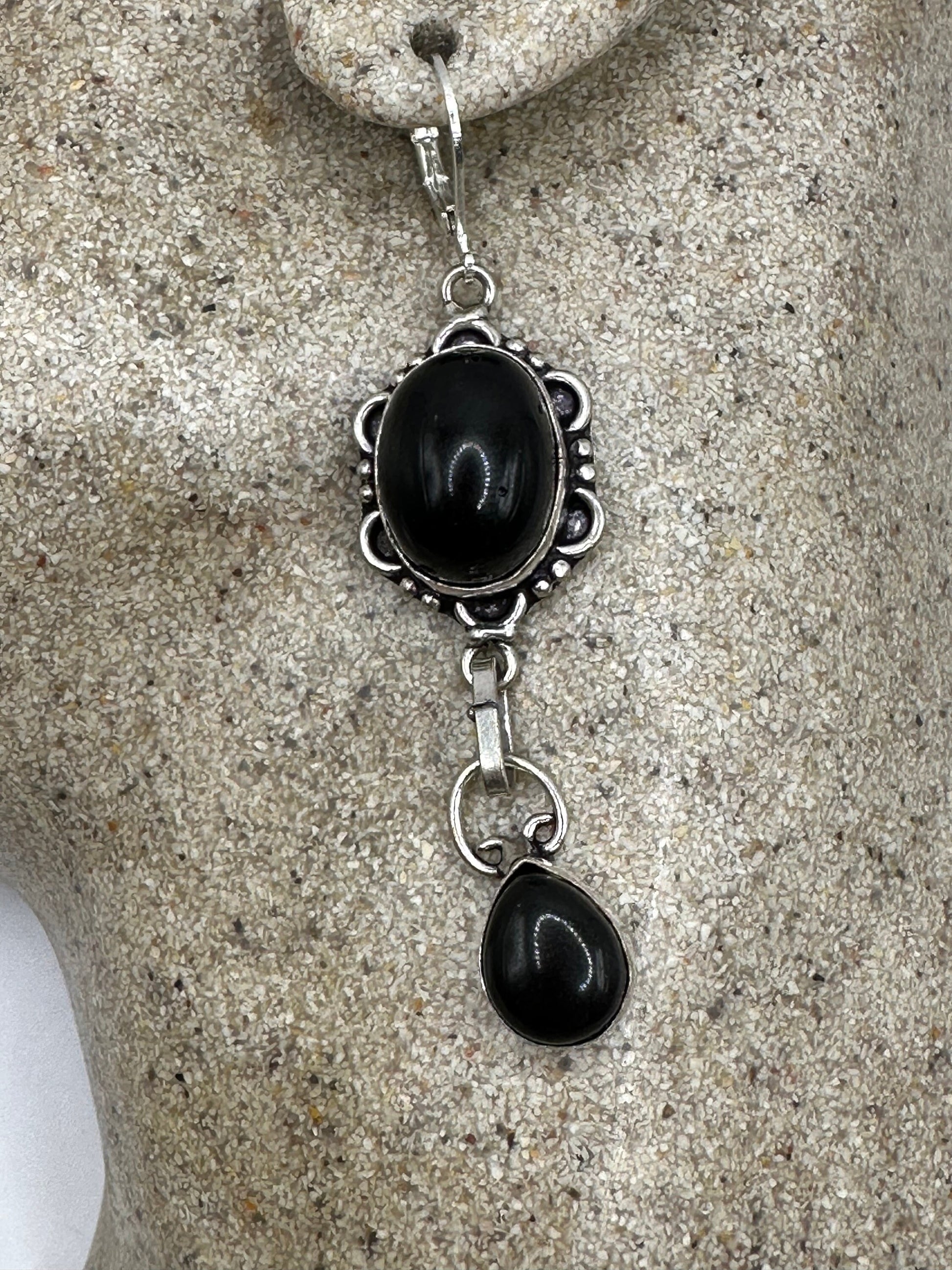 Antique Vintage Black Onyx 925 Silver Dangle LeverBack Earrings