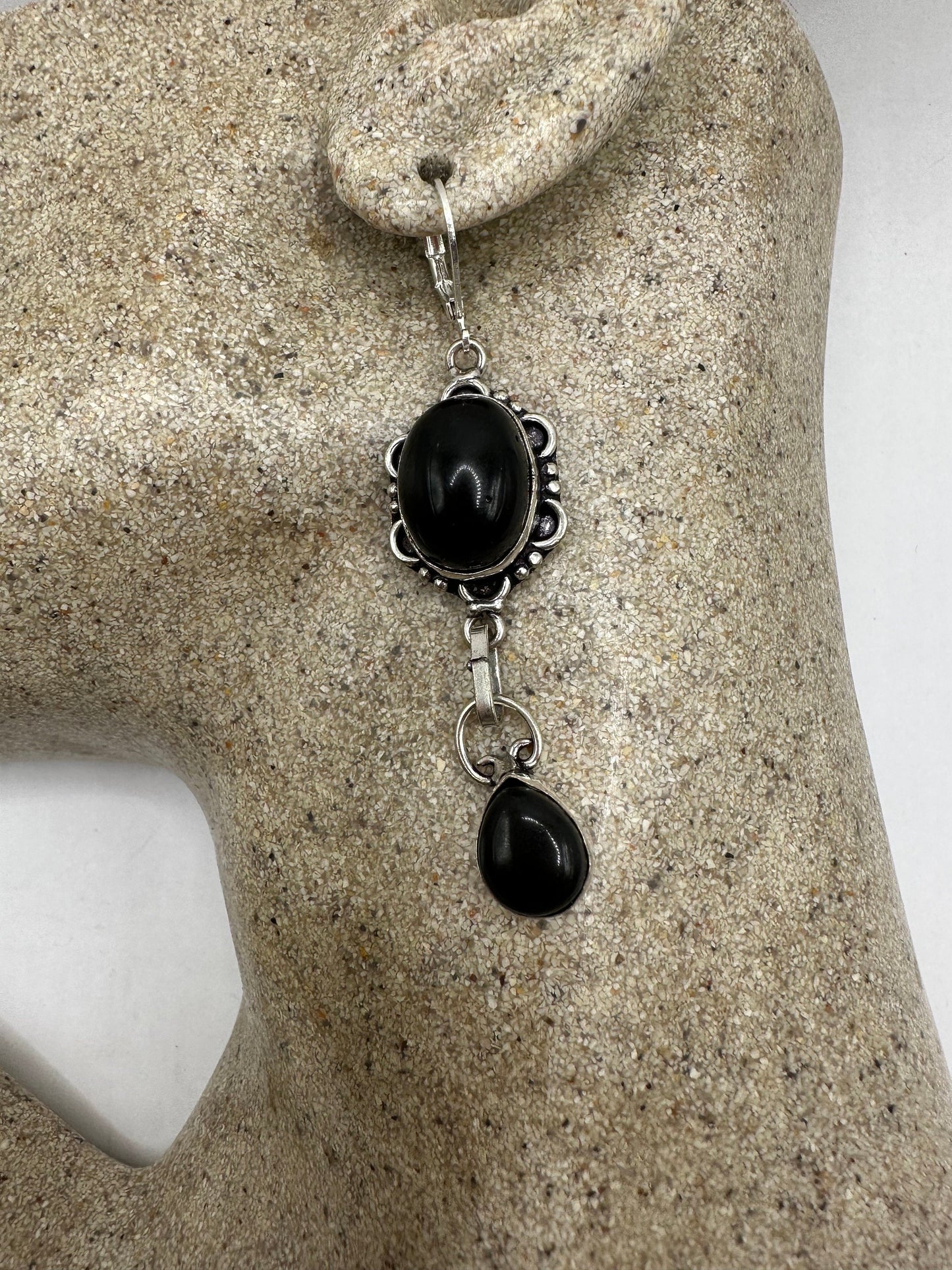 Antique Vintage Black Onyx 925 Silver Dangle LeverBack Earrings