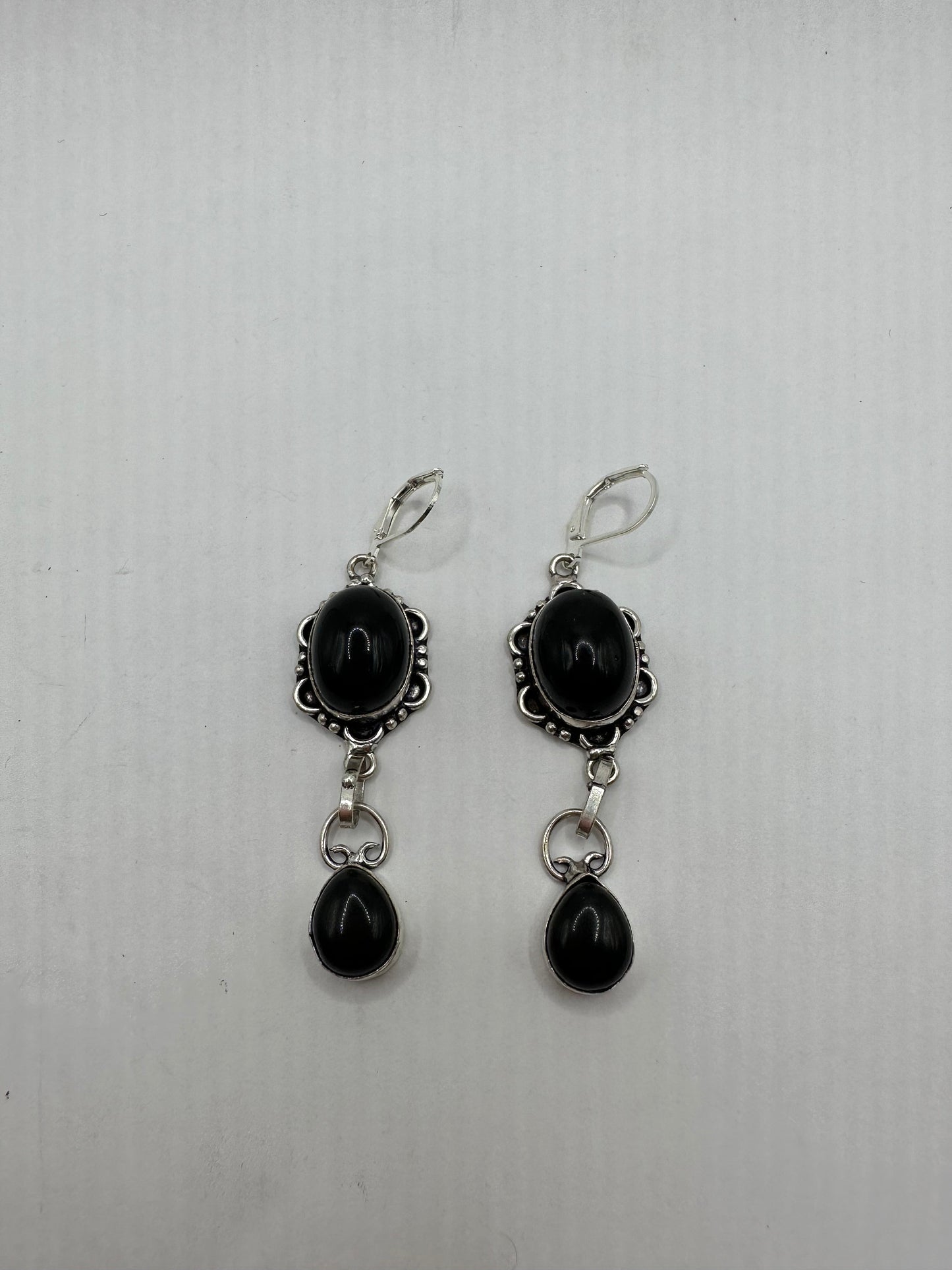 Antique Vintage Black Onyx 925 Silver Dangle LeverBack Earrings