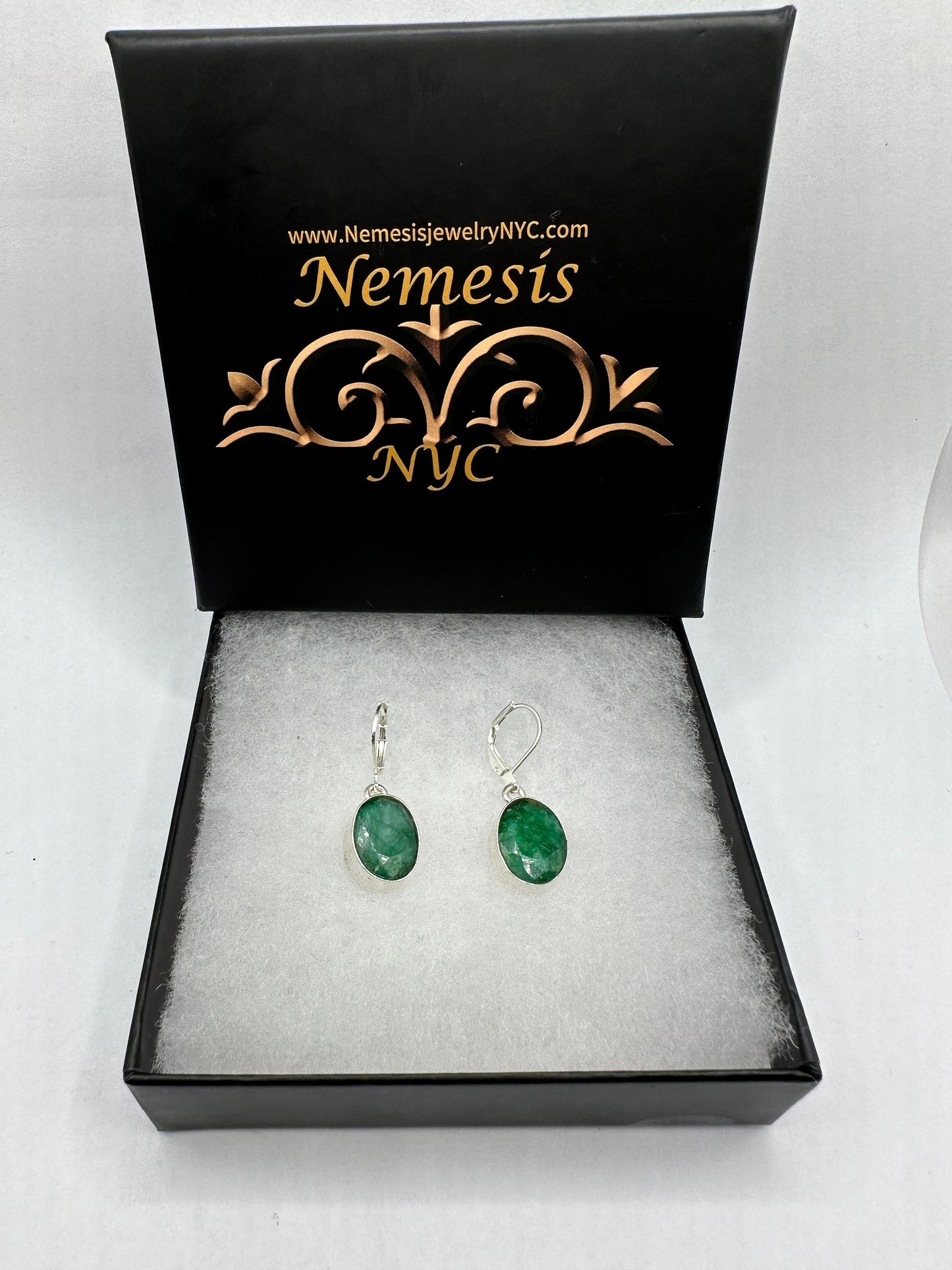 Vintage Raw Emerald Sterling Silver Lever Back Dangle Earrings