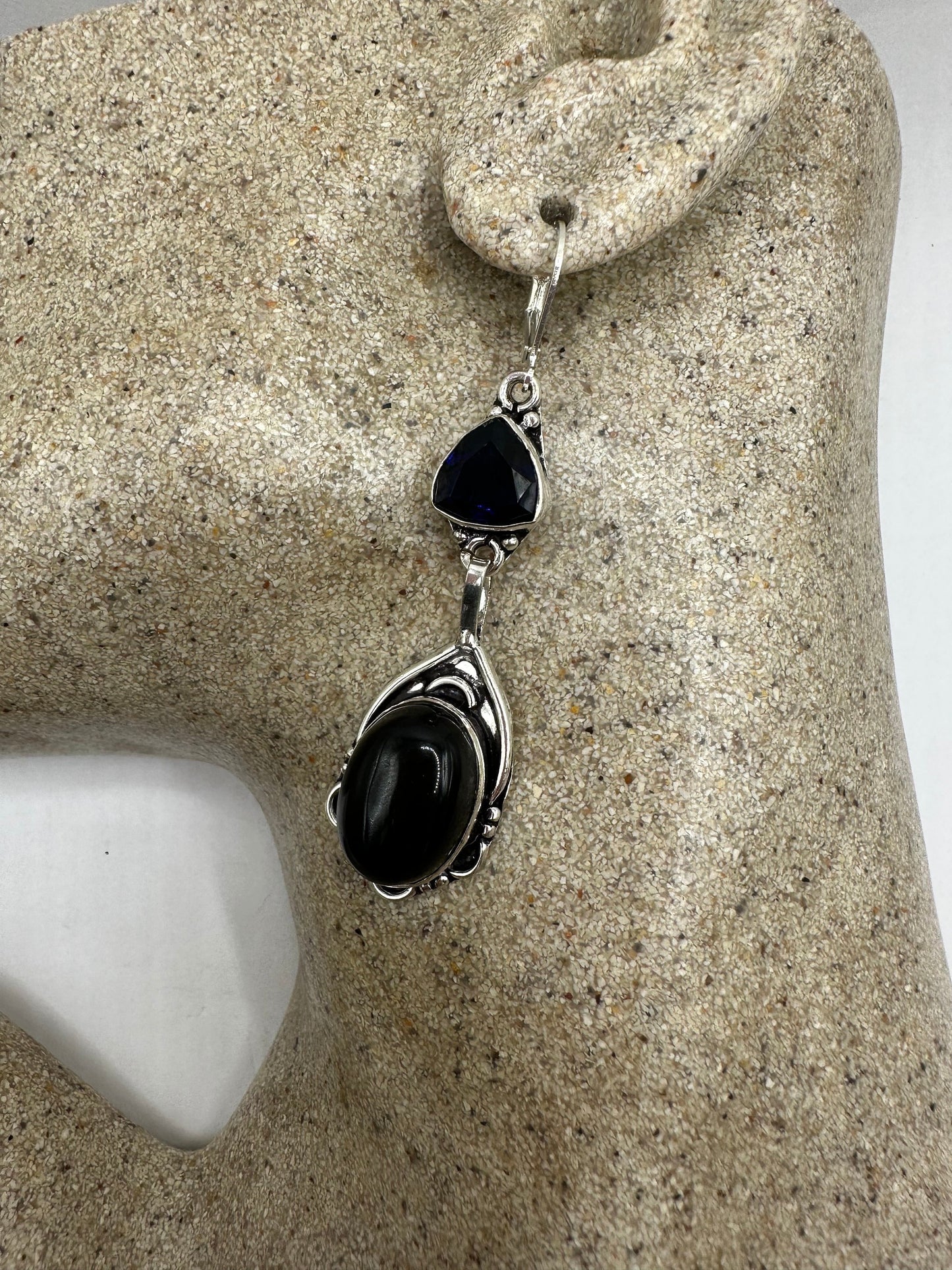 Antique Vintage Black Onyx 925 Silver Dangle LeverBack Earrings