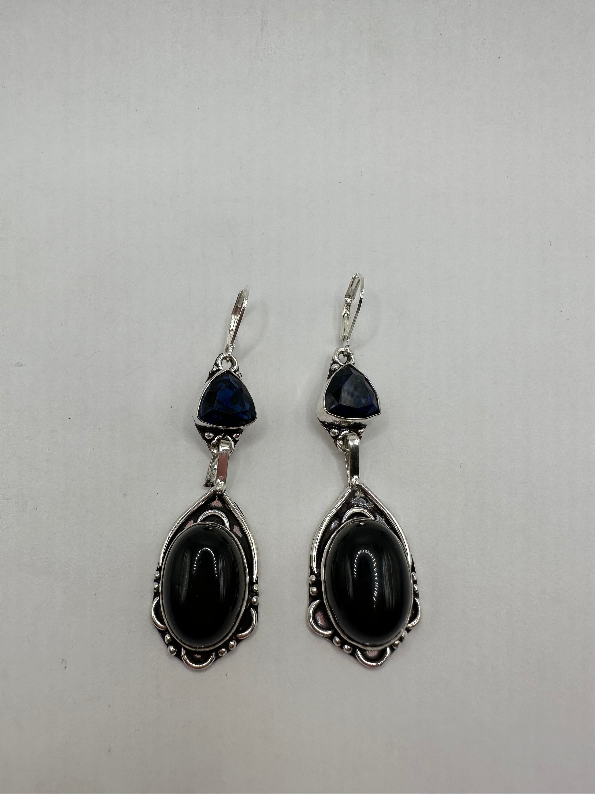 Antique Vintage Black Onyx 925 Silver Dangle LeverBack Earrings