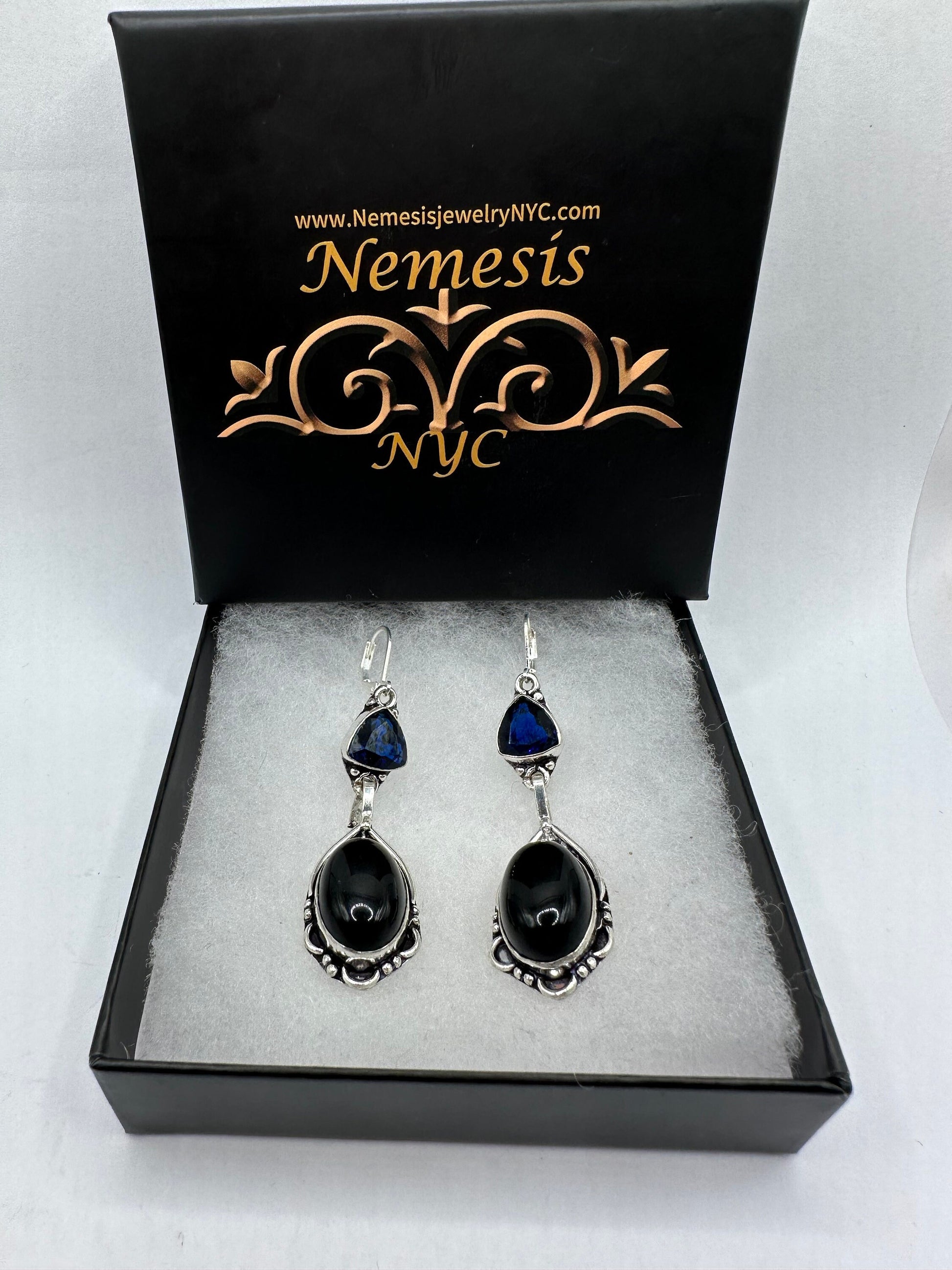 Antique Vintage Black Onyx 925 Silver Dangle LeverBack Earrings