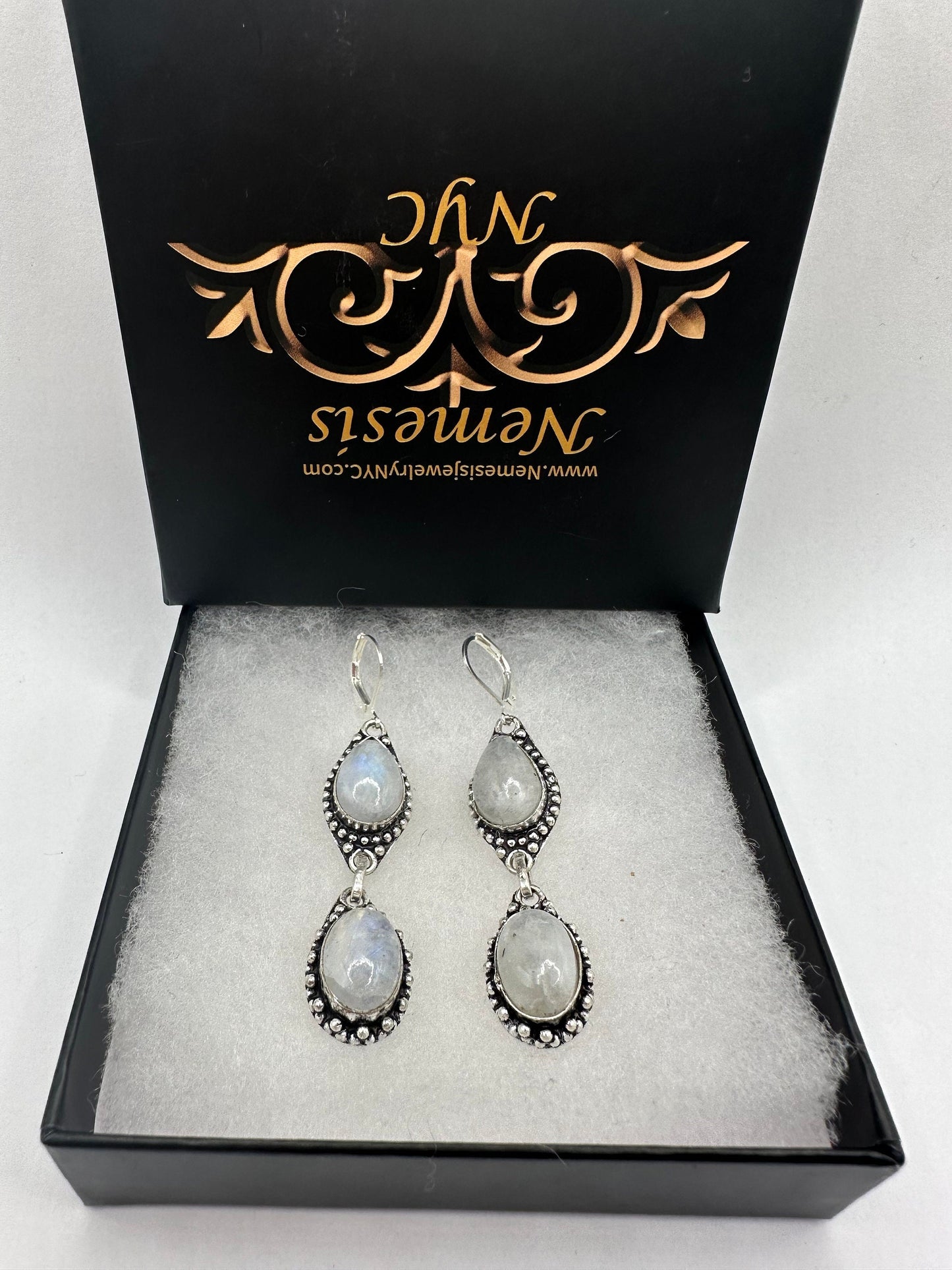 Vintage Rainbow Moonstone Silver Dangle Earrings