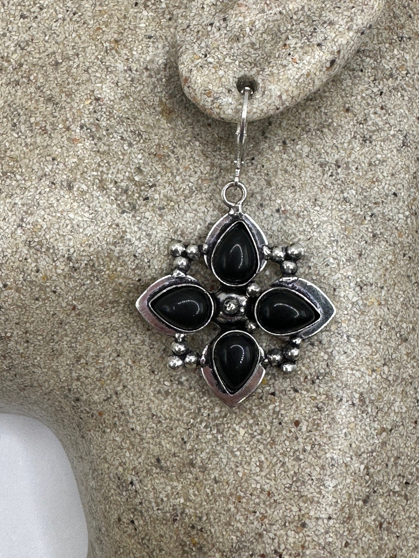 Antique Vintage Black Onyx 925 Silver Dangle LeverBack Earrings