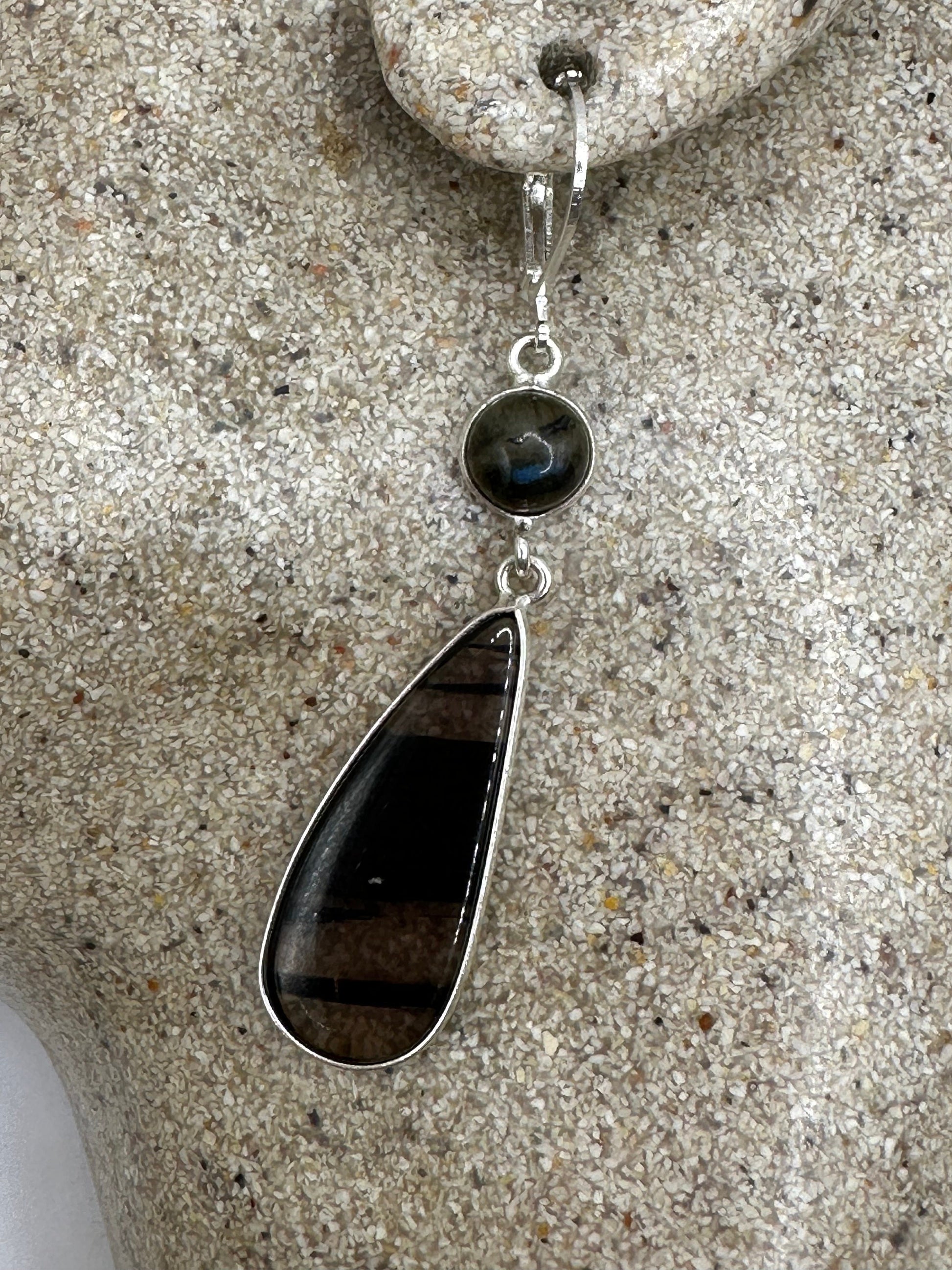 Antique Vintage Banded Black Onyx 925 Silver Dangle LeverBack Earrings