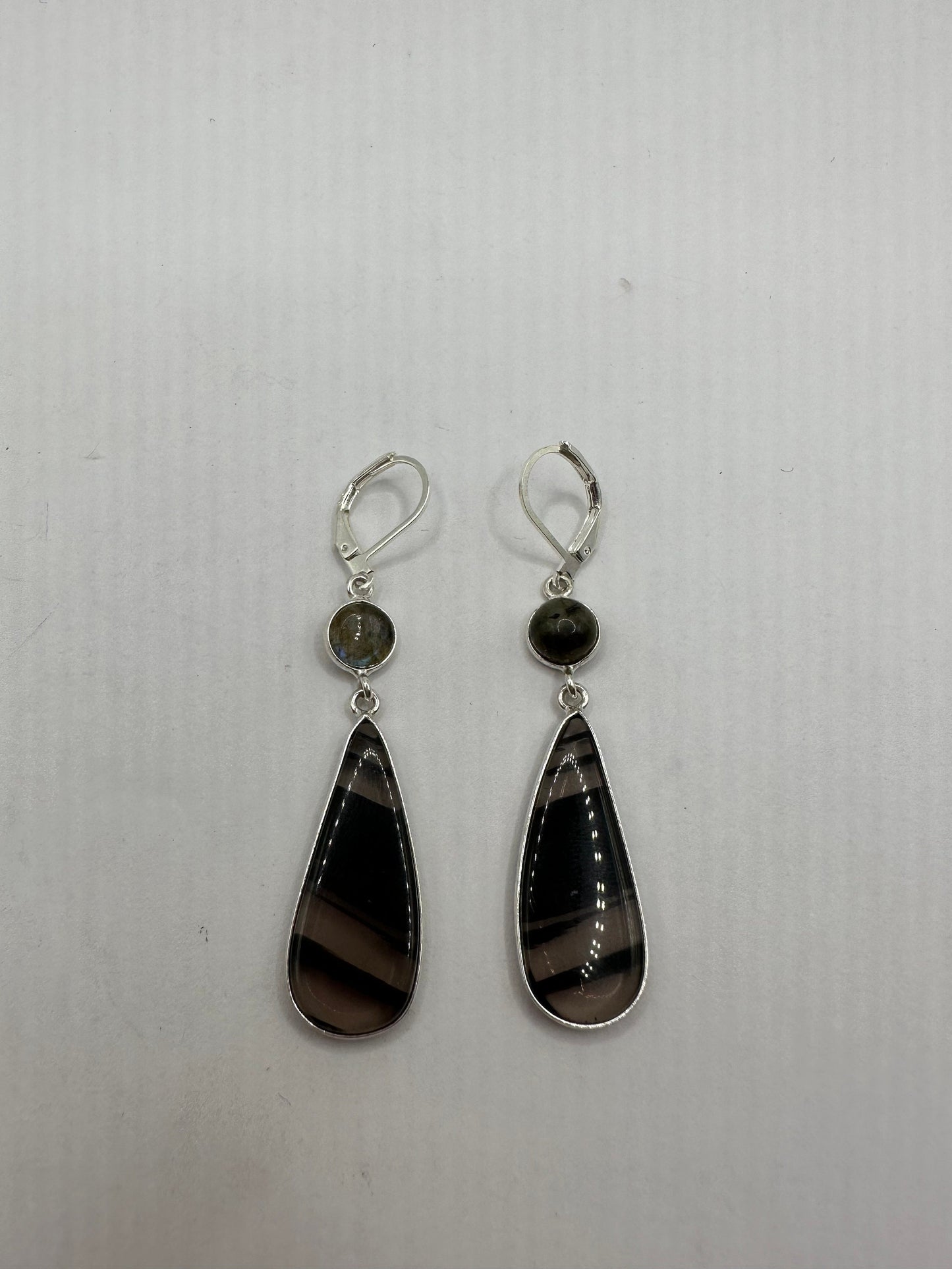 Antique Vintage Banded Black Onyx 925 Silver Dangle LeverBack Earrings