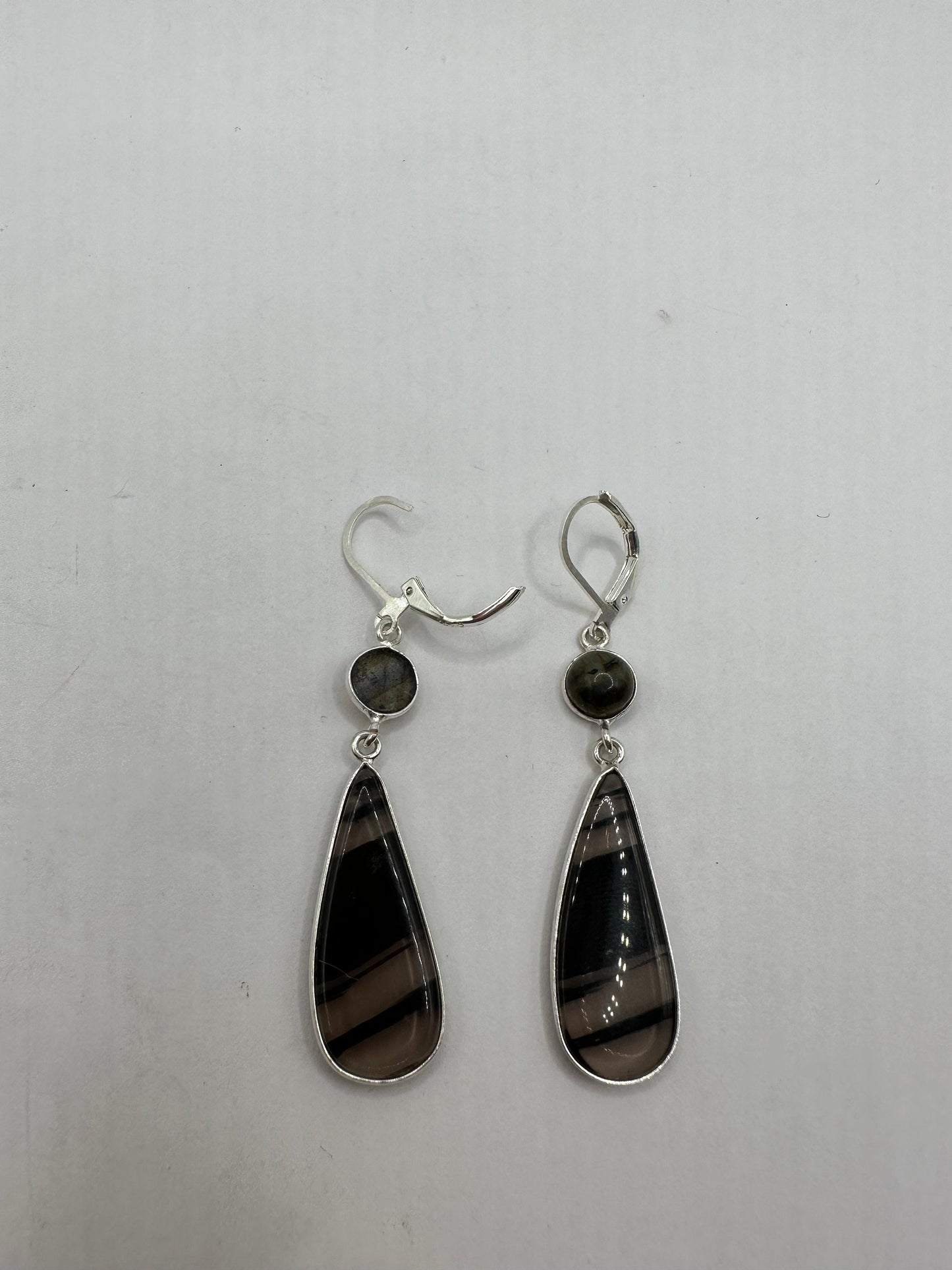 Antique Vintage Banded Black Onyx 925 Silver Dangle LeverBack Earrings