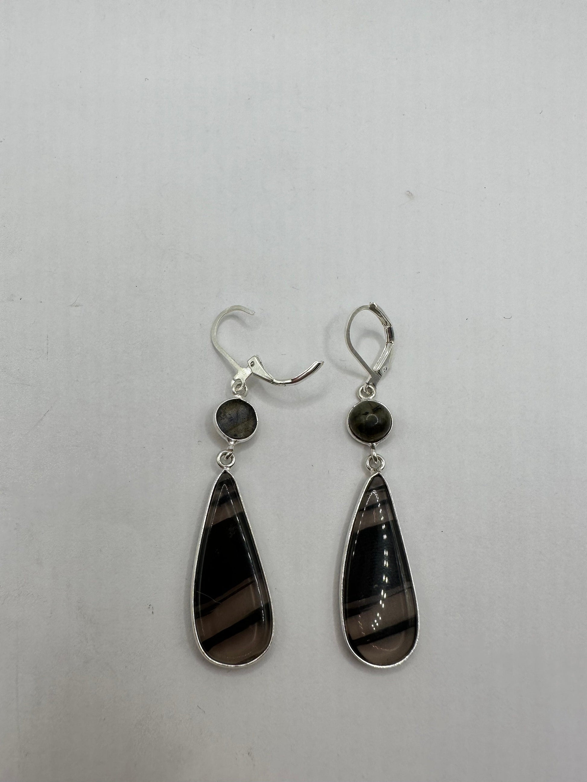 Antique Vintage Banded Black Onyx 925 Silver Dangle LeverBack Earrings