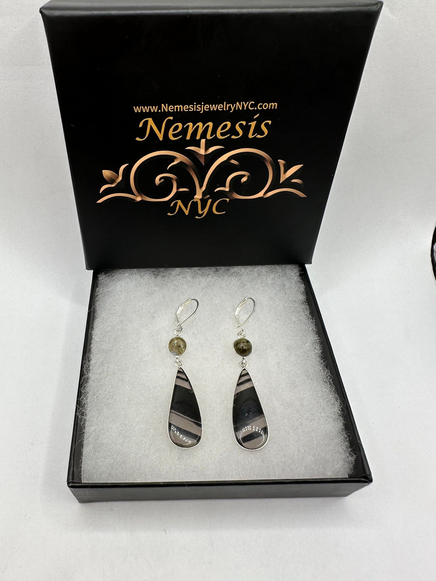 Antique Vintage Banded Black Onyx 925 Silver Dangle LeverBack Earrings