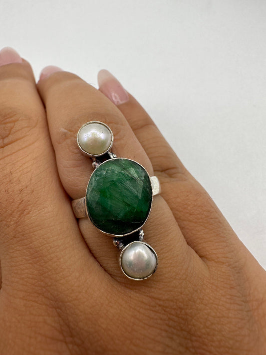 Vintage Green Raw Emerald White Bronze Statement Ring