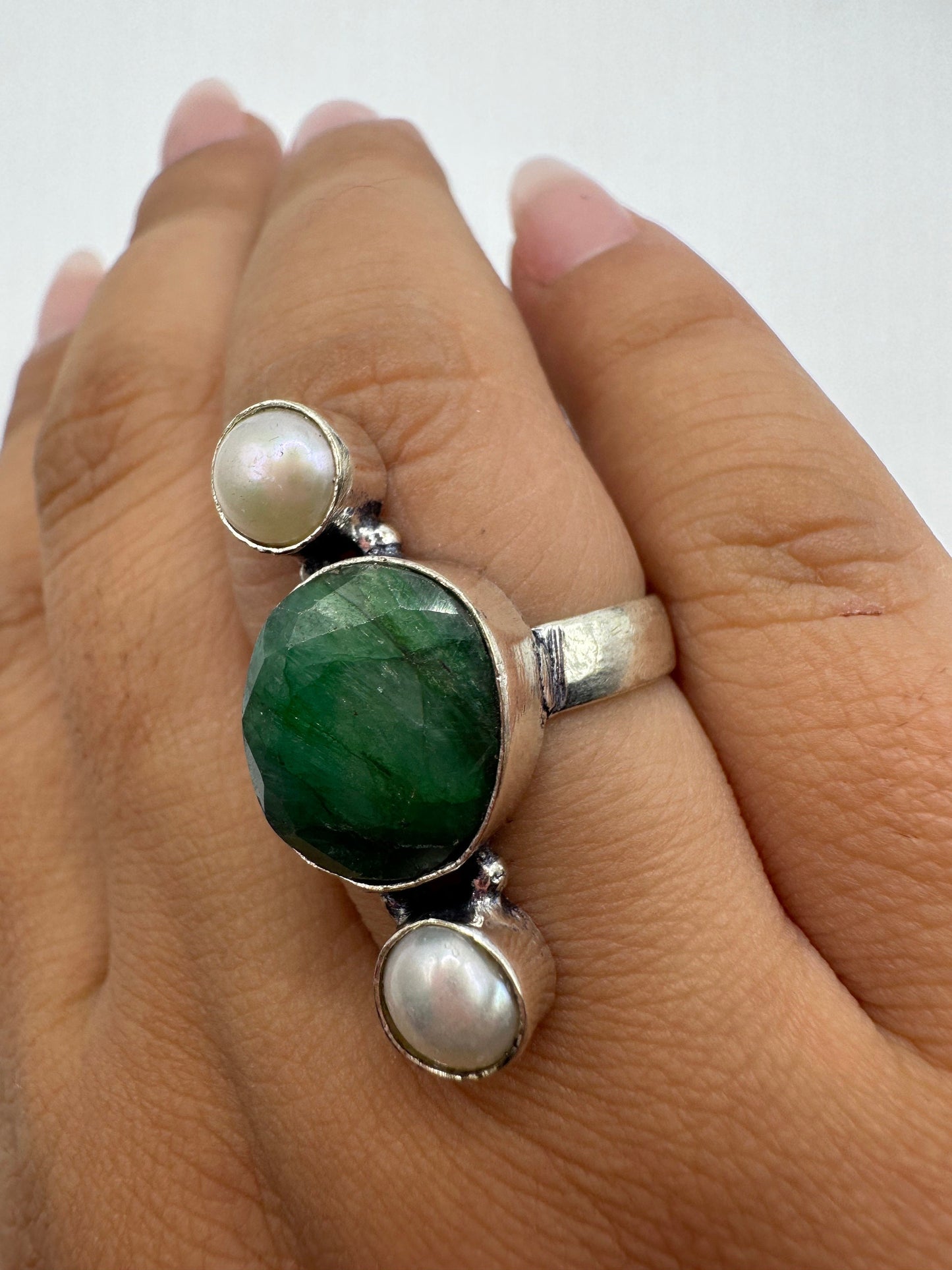 Vintage Green Raw Emerald White Bronze Statement Ring