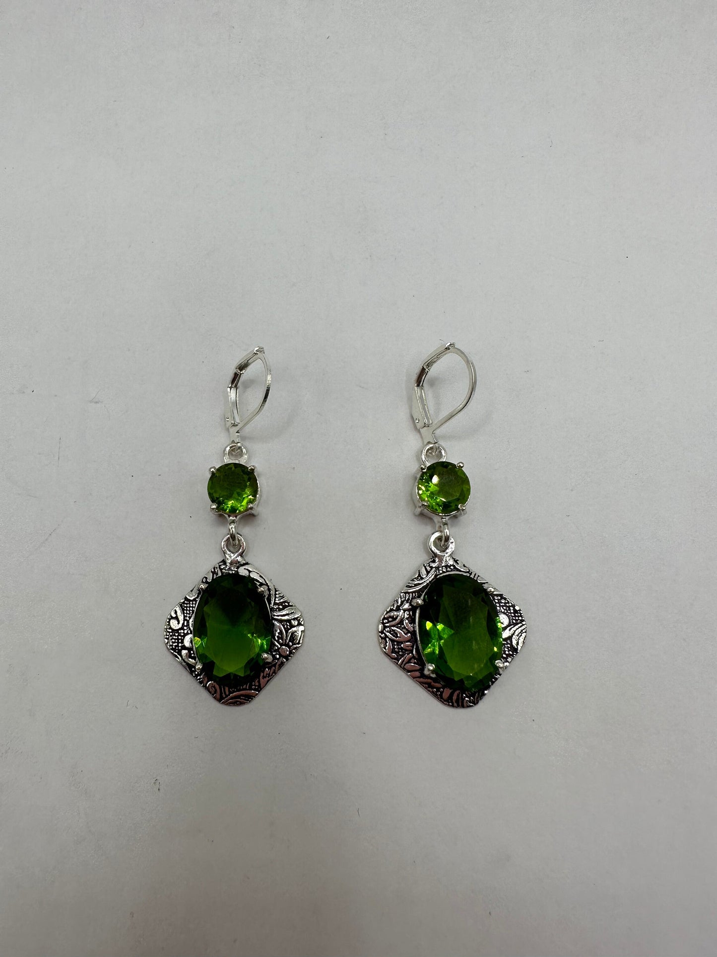 Antique Vintage Green Glass Silver Dangle Earrings