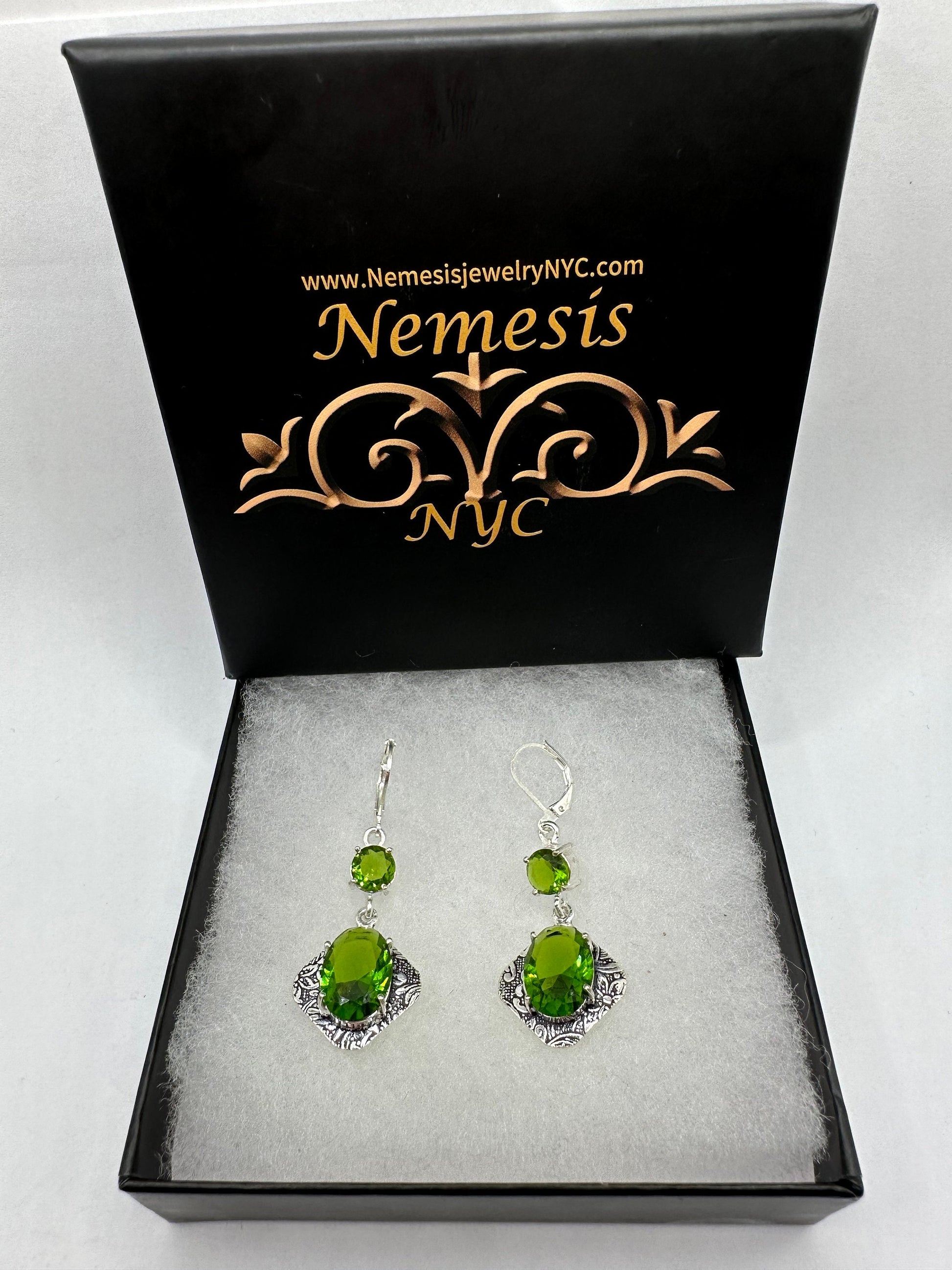 Antique Vintage Green Glass Silver Dangle Earrings