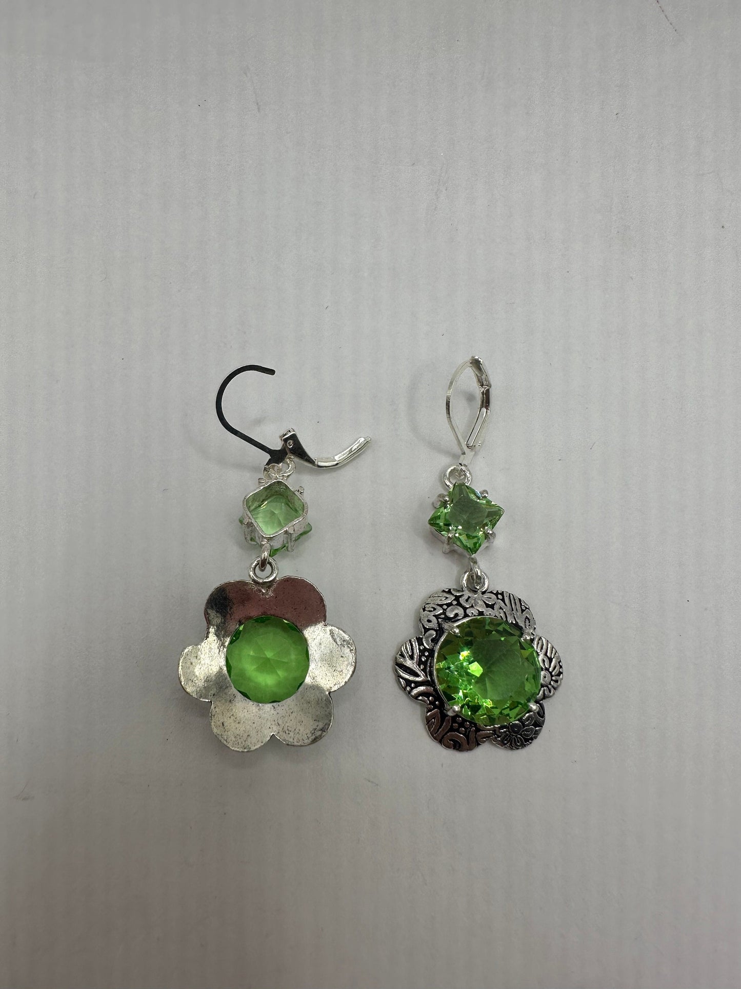 Antique Vintage Green Glass Silver Dangle Earrings